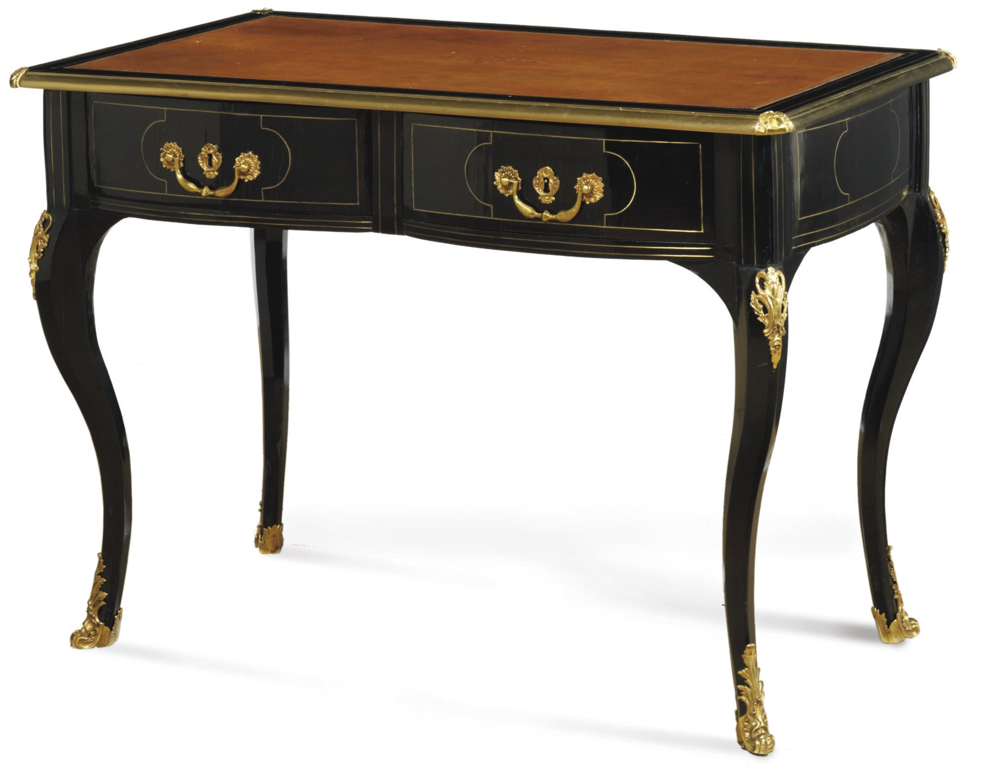 A REGENCE BRASS-INLAID AND ORMOLU-MOUNTED EBONIZED FRUITWOOD BUREAU PLAT