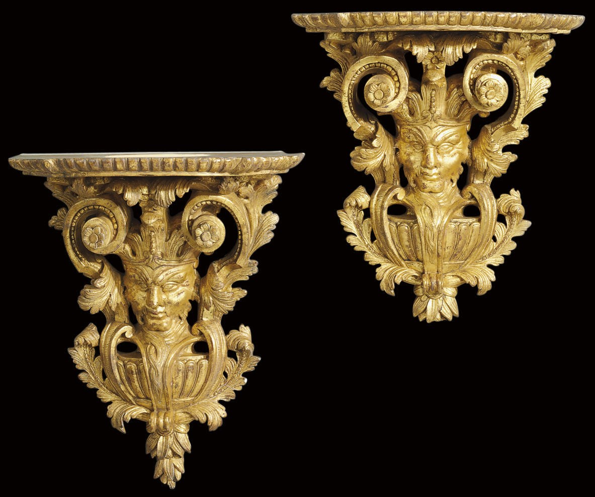A PAIR OF FRENCH GILT COMPOSITION BRACKETS