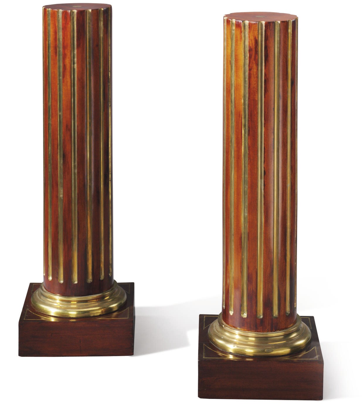 A PAIR OF RUSSIAN BRASS-INLAID MAHOGANY PEDESTALS