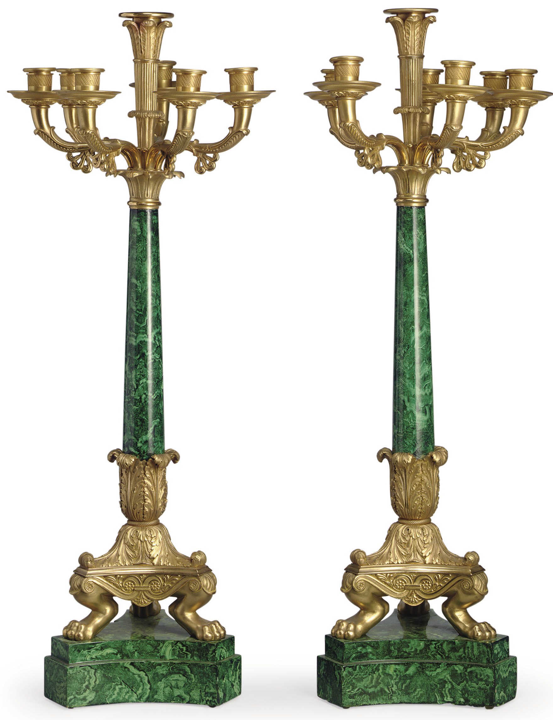 A PAIR OF FRENCH ORMOLU AND FAUX-MALACHITE SEVEN-LIGHT CANDELABRA