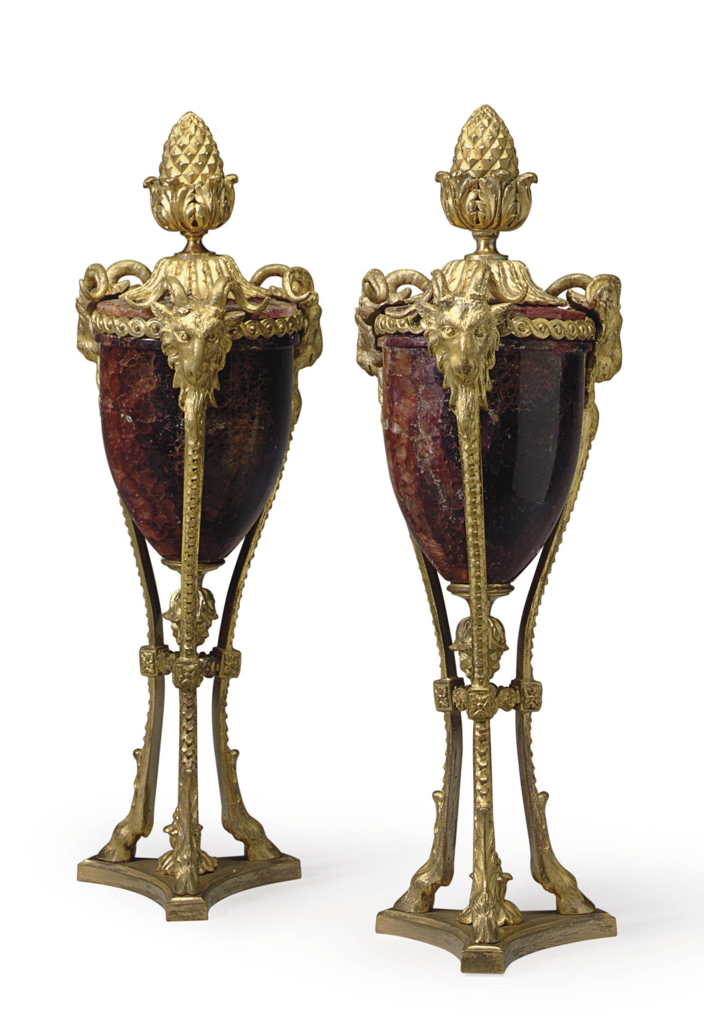 A PAIR OF NORTH EUROPEAN ORMOLU AND FLUORSPAR VASES