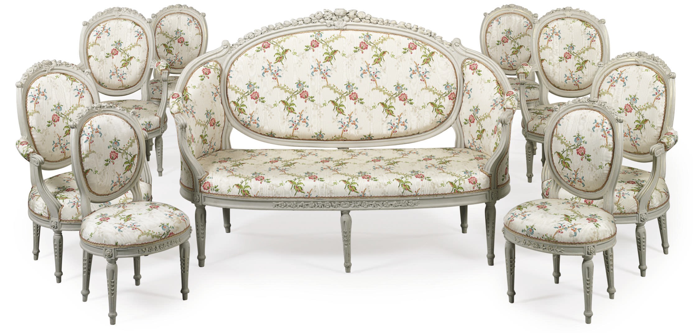 A LOUIS XVI GREY-PAINTED AND PARCEL-GILT SUITE OF SEAT FURNITURE