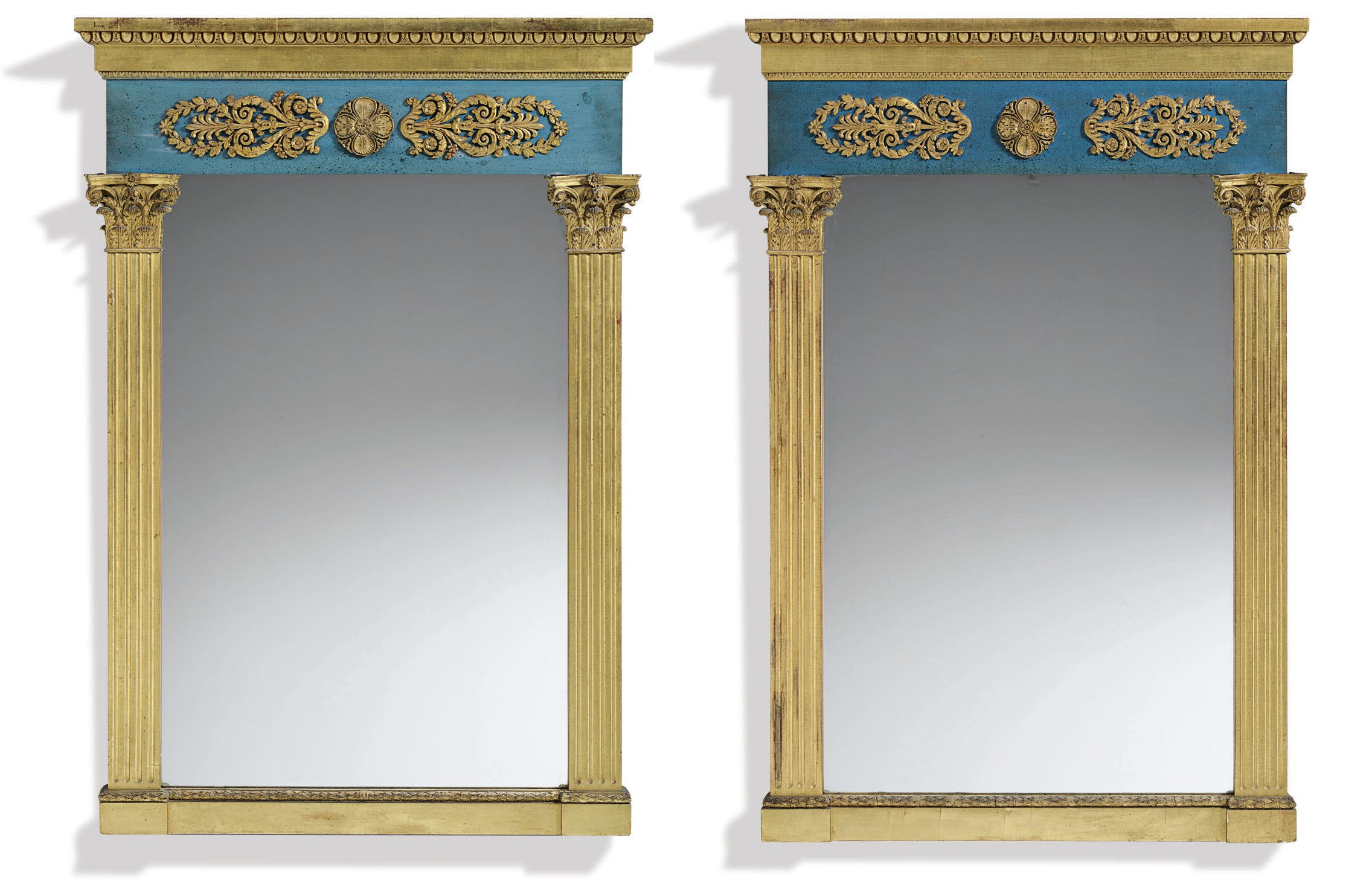 A PAIR OF SWEDISH BLUE-PAINTED, GILTWOOD AND GILT COMPOSITION MIRRORS