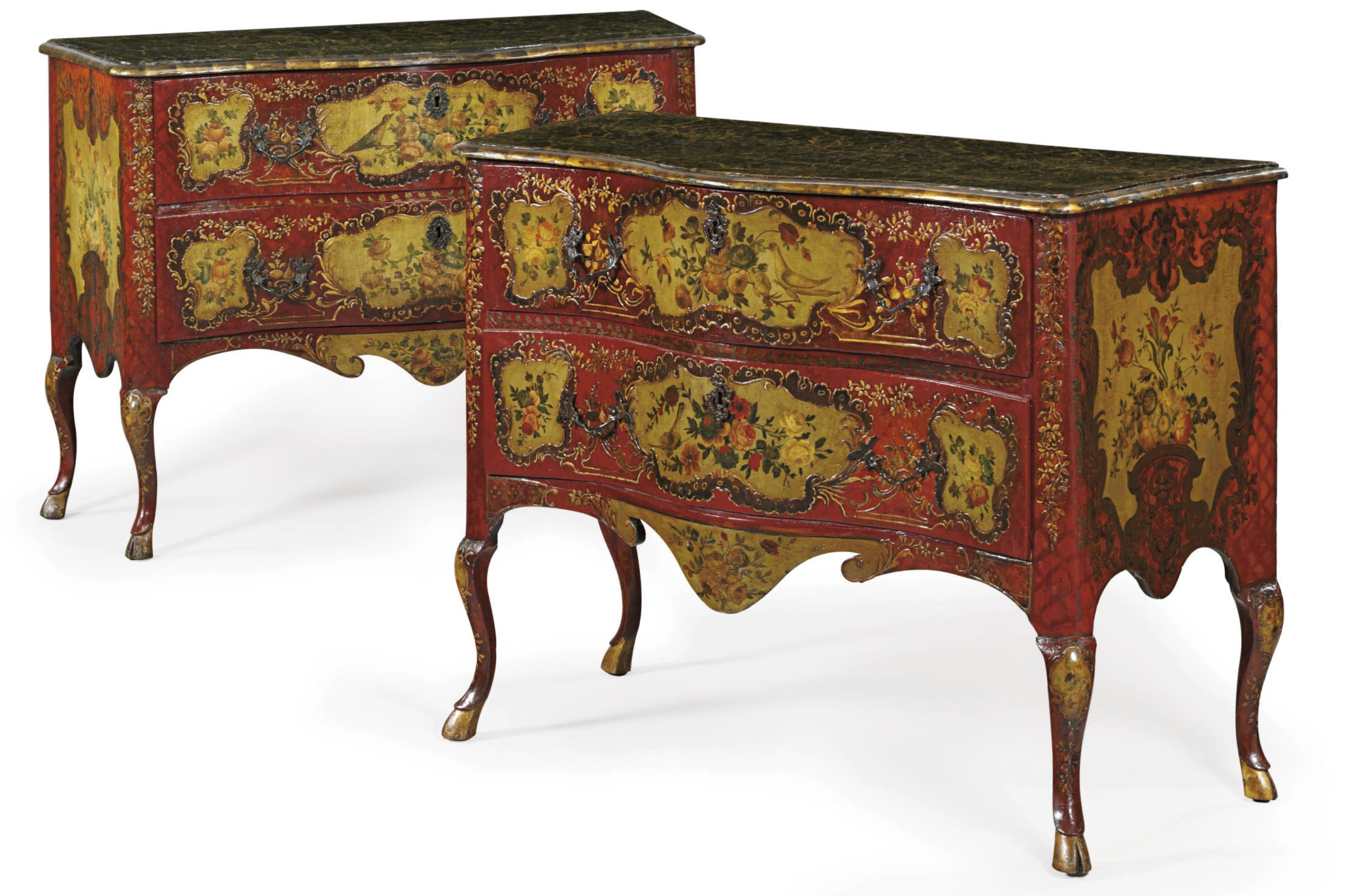 A PAIR OF SOUTH ITALIAN SCARLET, POLYCHROME AND GILT-LACQUERED COMMODES