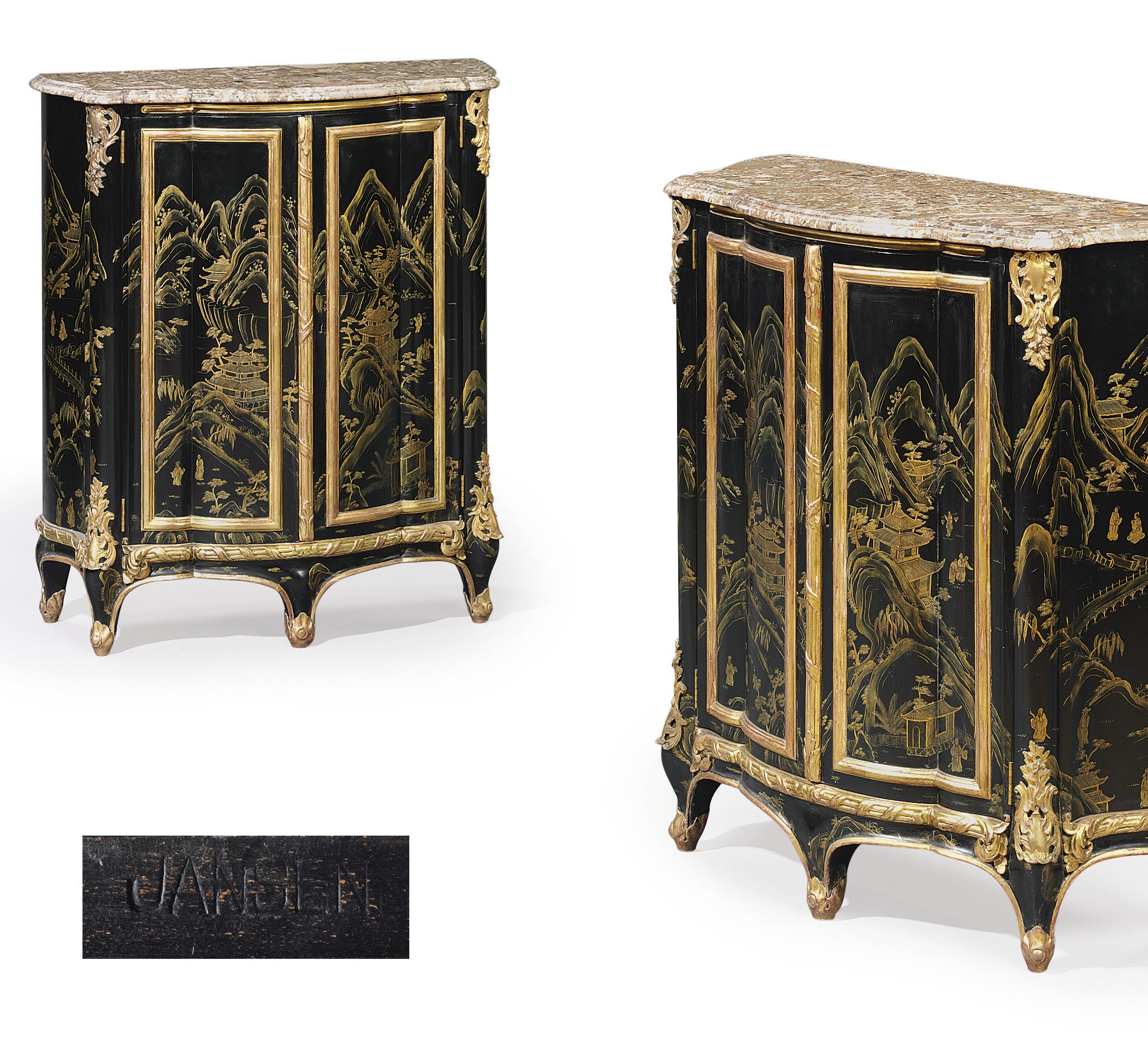 A PAIR OF FRENCH ORMOLU-MOUNTED BLACK AND GOLD JAPANNED AND PARCEL-GILT SMALL SIDE CABINETS