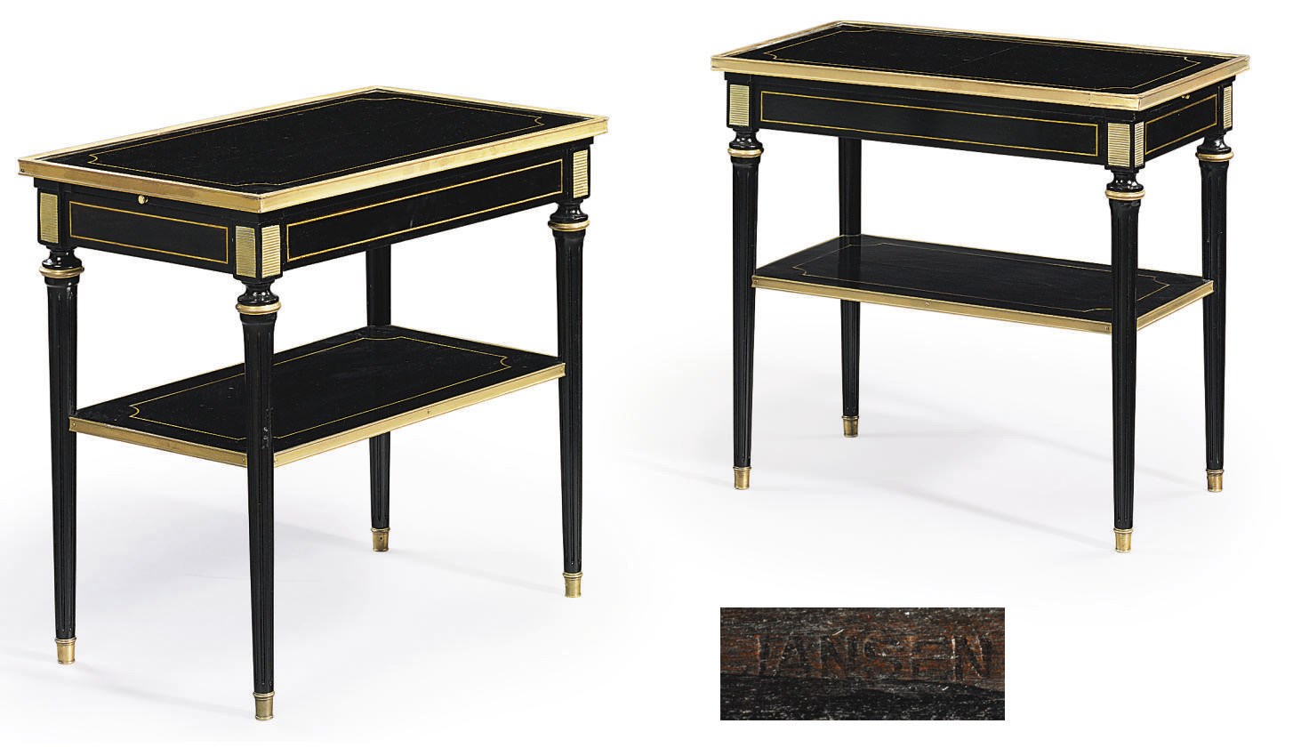 A PAIR OF FRENCH BRASS-MOUNTED AND INLAID EBONIZED TWO-TIER ETAGERES