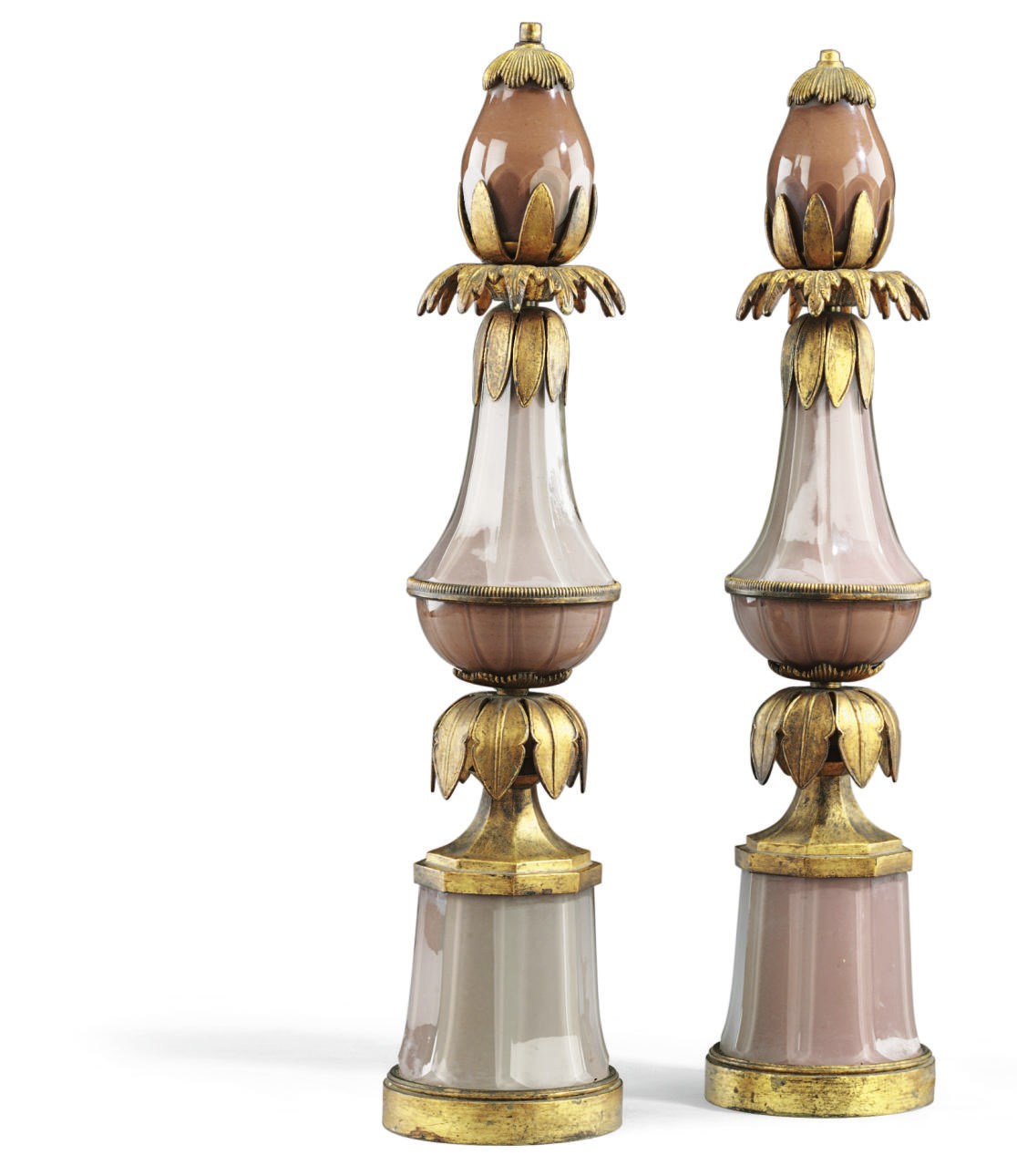A PAIR OF FRENCH GILT-METAL AND CHOCOLATE REVERSE-PAINTED GLASS LAMPS