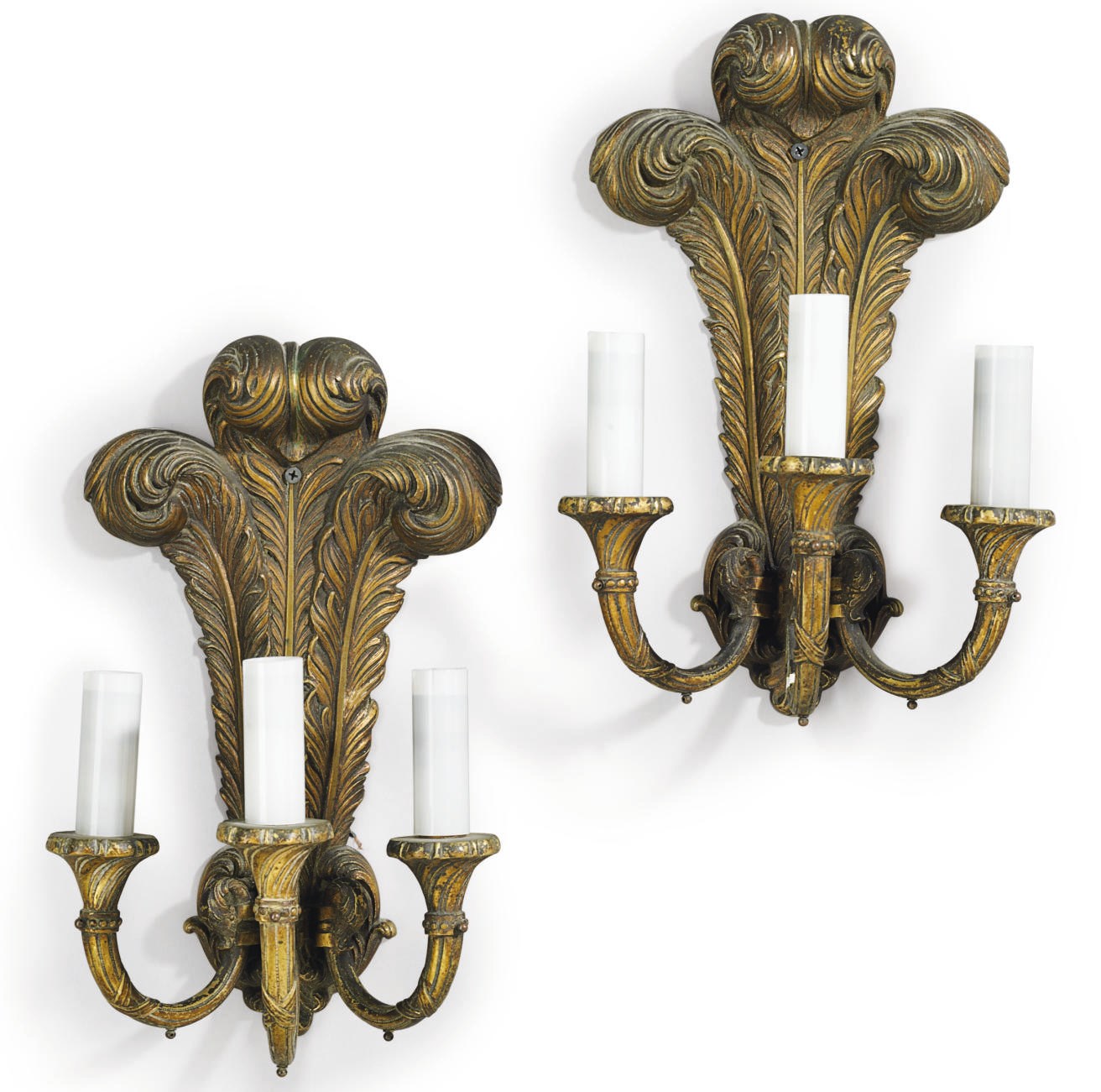 A PAIR OF BRONZE THREE-BRANCH WALL-LIGHTS