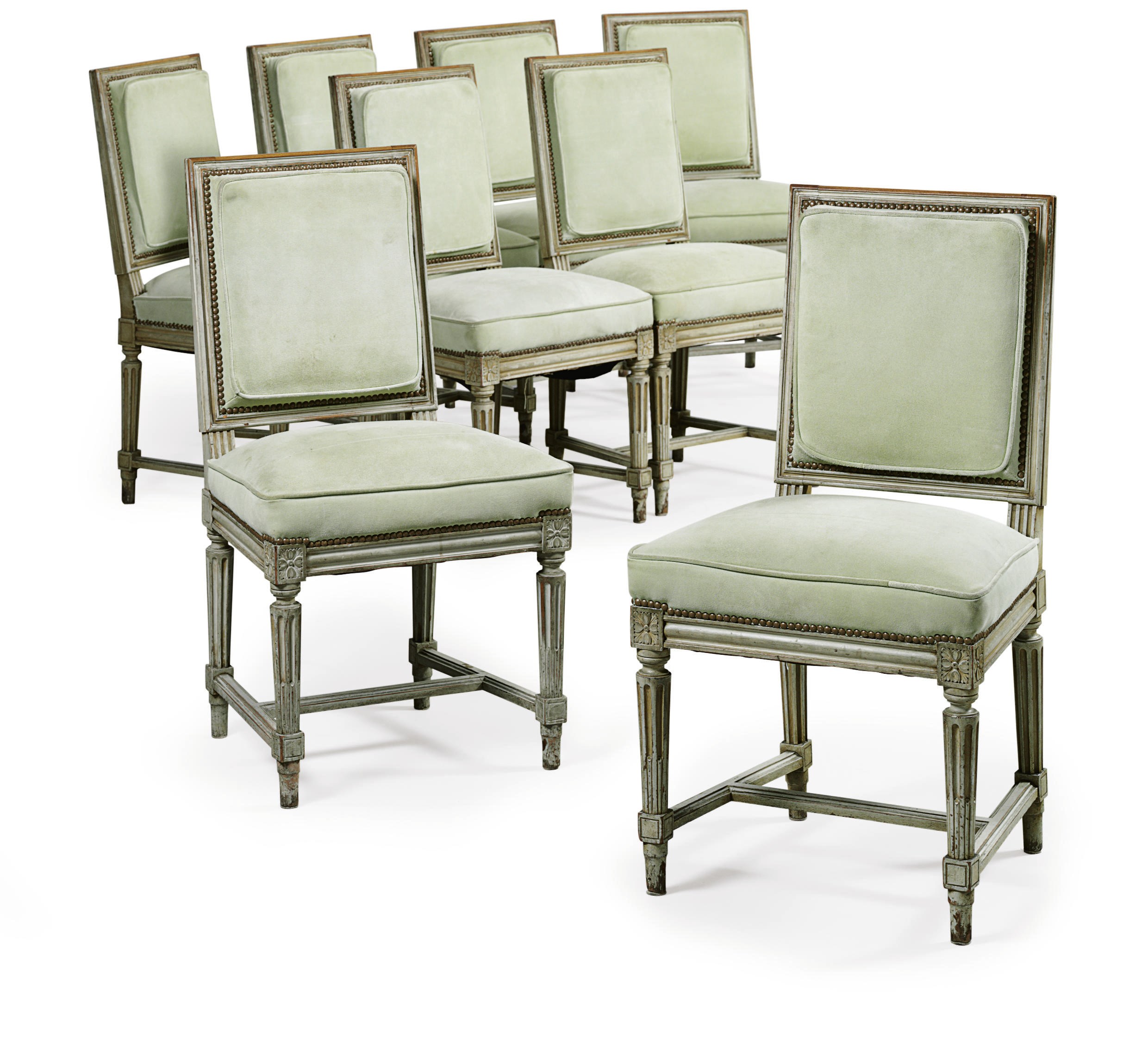 A SET OF EIGHT FRENCH GREY-PAINTED DINING CHAIRS