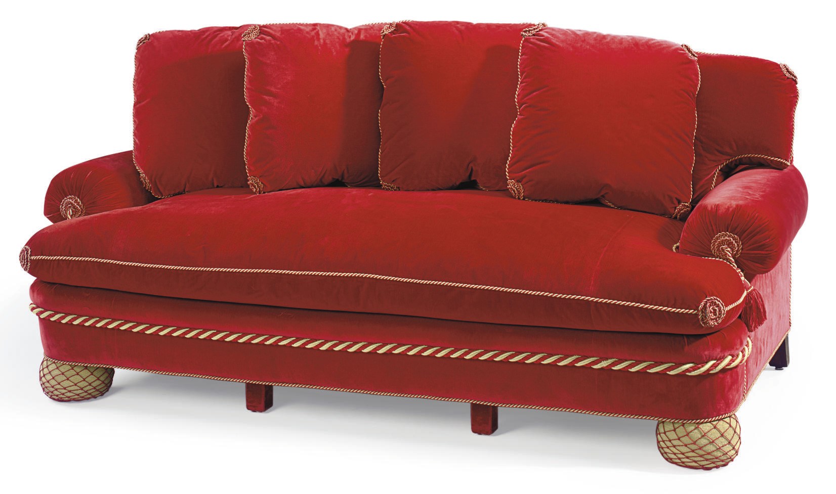 A RED VELVET THREE-SEATER SETTEE