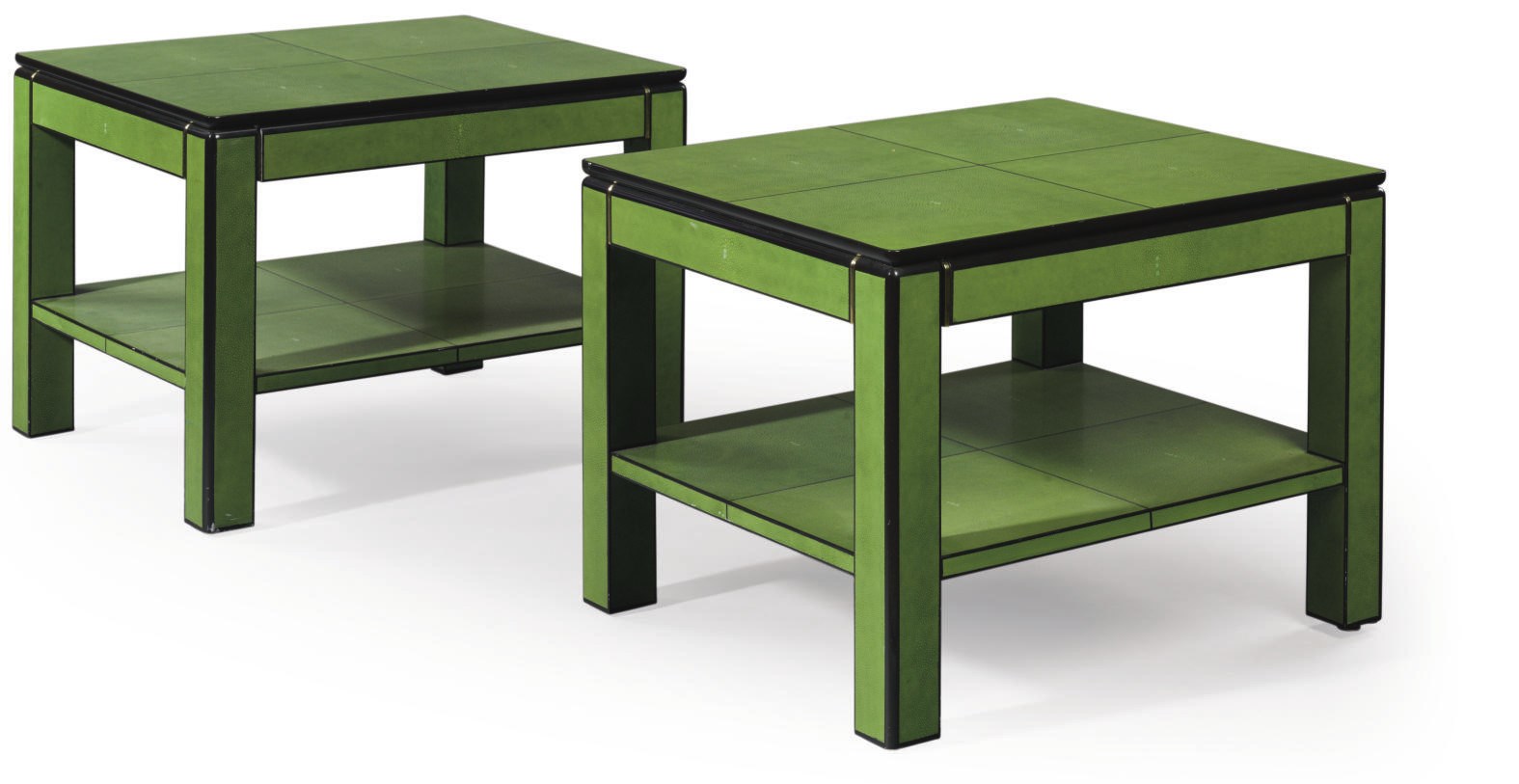 A PAIR OF GREEN FAUX-SHAGREEN-LACQUERED SIDE TABLES