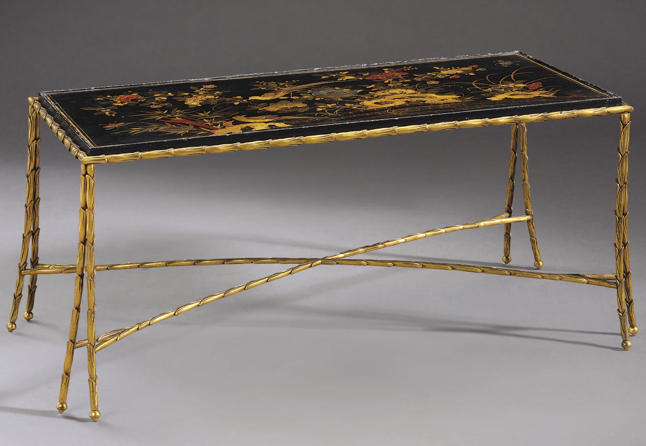 AN ORMOLU, POLYCHROME AND BLACK AND GILT-LACQUER LOW TABLE