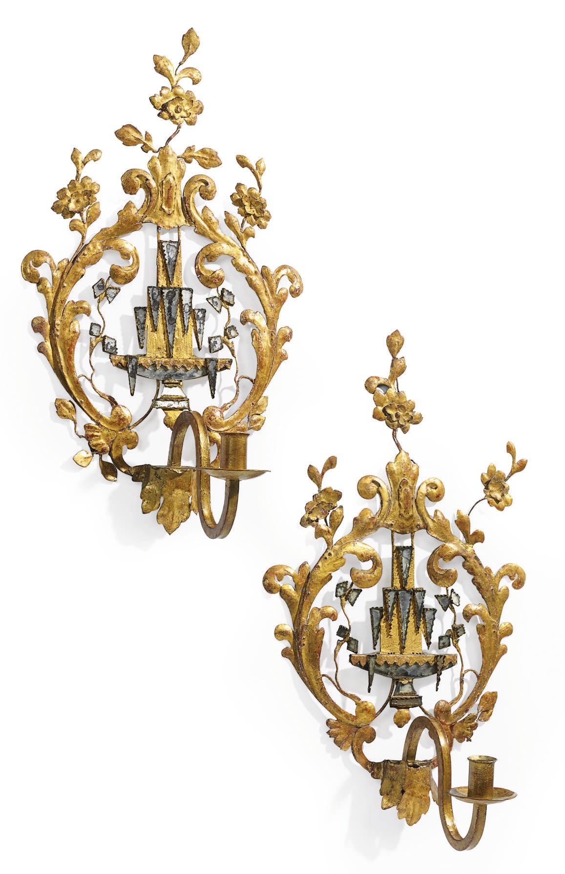 A PAIR OF FRENCH GILT-METAL AND MIRRORED GLASS SINGLE-ARM WALL-LIGHTS
