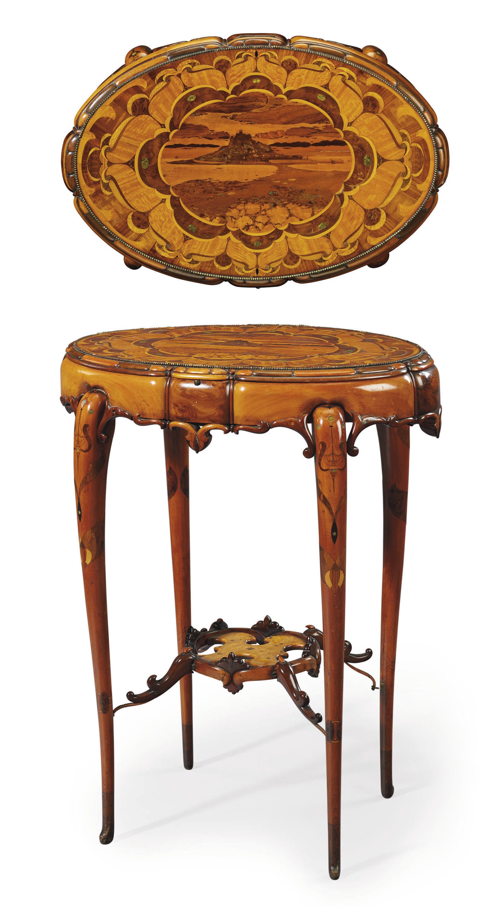 A FRENCH BRASS-MOUNTED, COPPER, HORN-INLAID AND SPECIMEN WOOD MARQUETRY OCCASIONAL TABLE