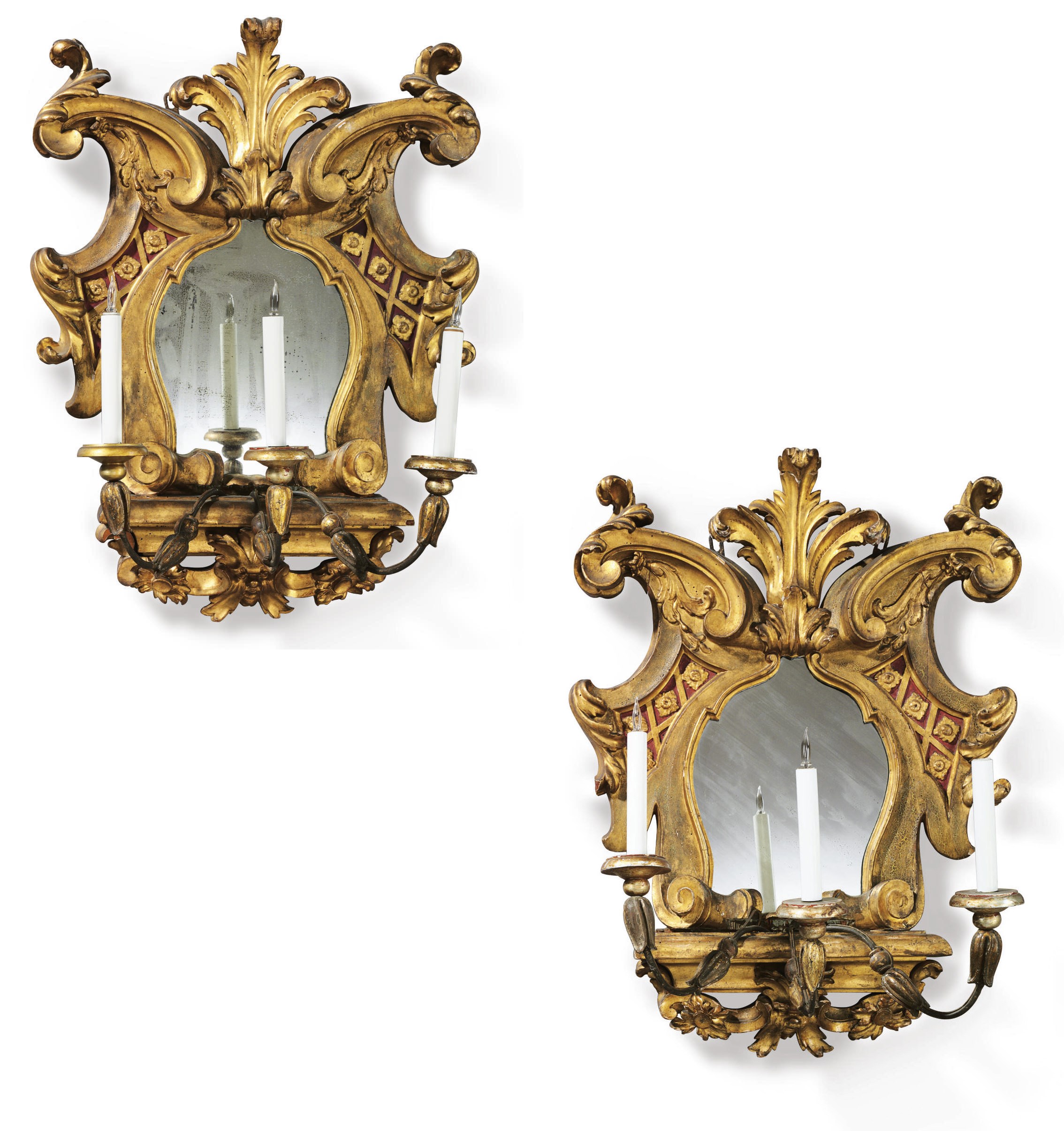 A PAIR OF ITALIAN RED-PAINTED AND GILTWOOD GIRANDOLE MIRRORS