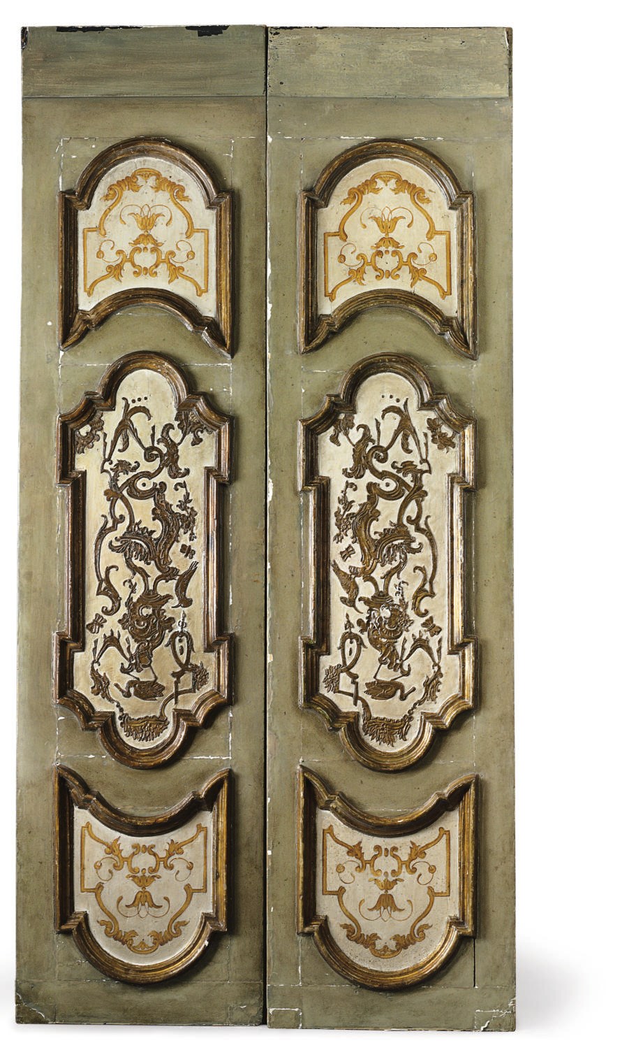 A PAIR OF SOUTH EUROPEAN PALE GREEN-PAINTED AND PARCEL-GILT DOOR PANELS