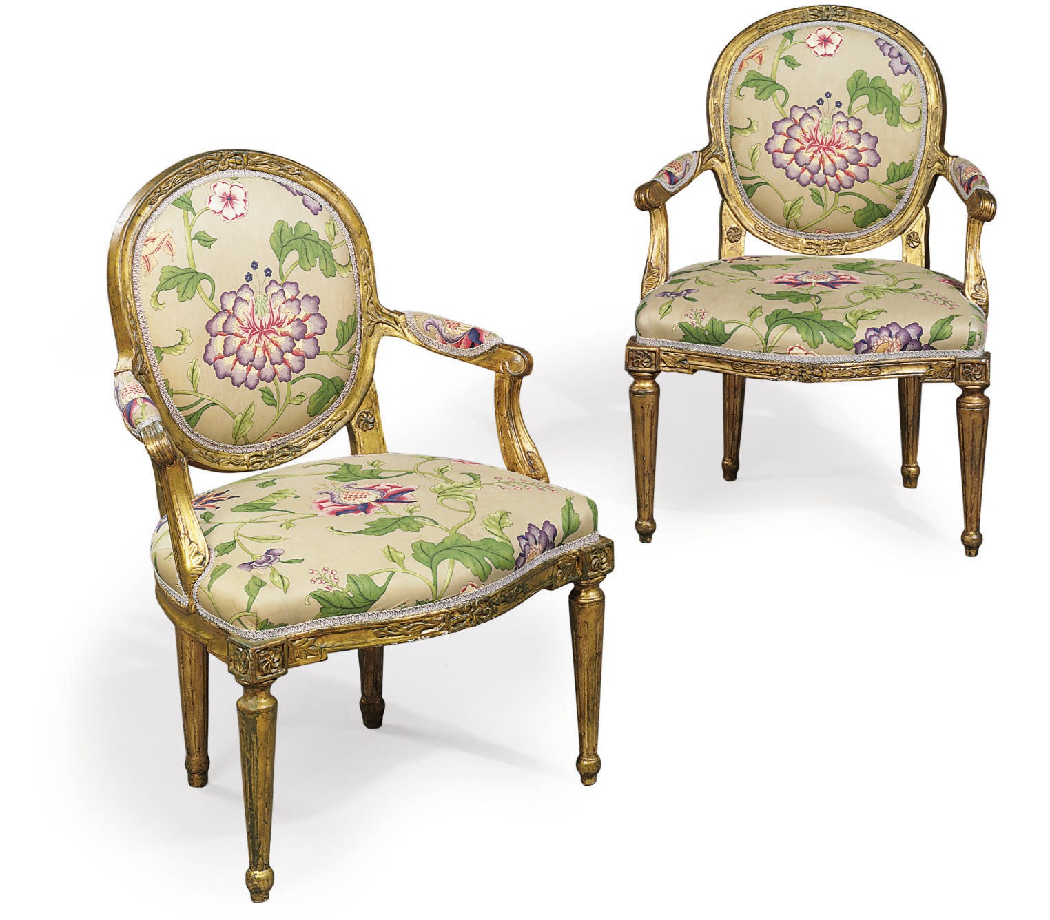 A PAIR OF ITALIAN GILTWOOD OPEN ARMCHAIRS