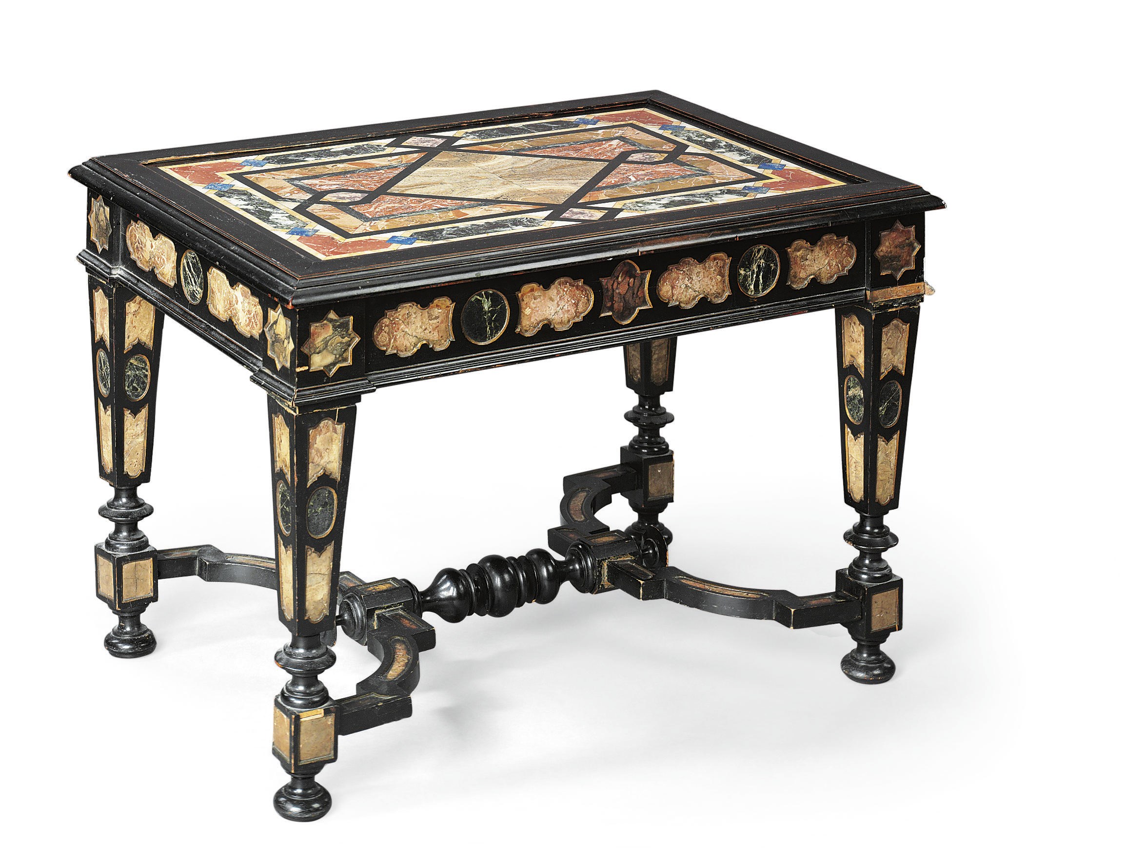 AN ITALIAN SPECIMEN MARBLE BLACK-PAINTED AND GILTWOOD LOW TABLE