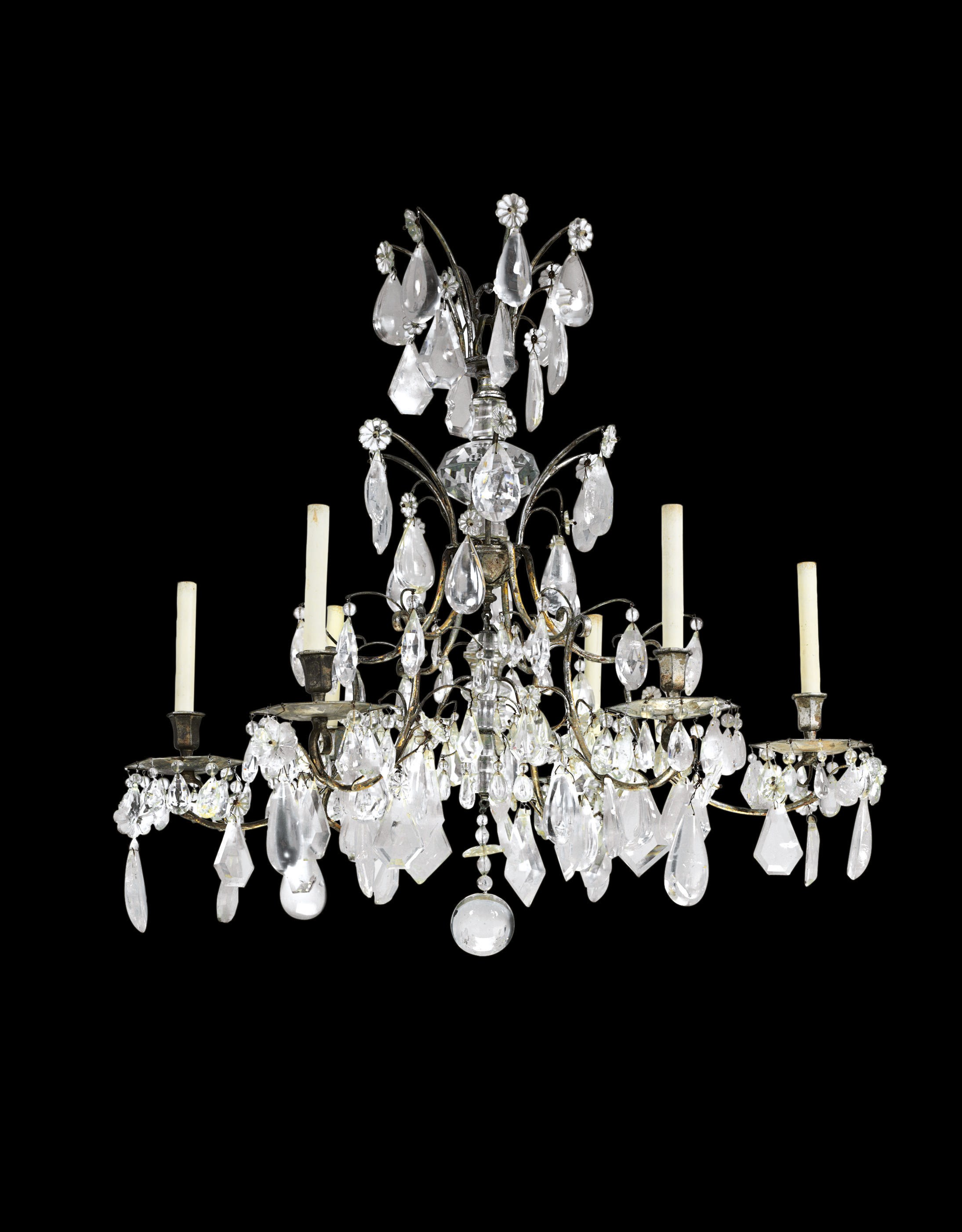 A SILVERED METAL AND ROCK CRYSTAL SIX-LIGHT CHANDELIER