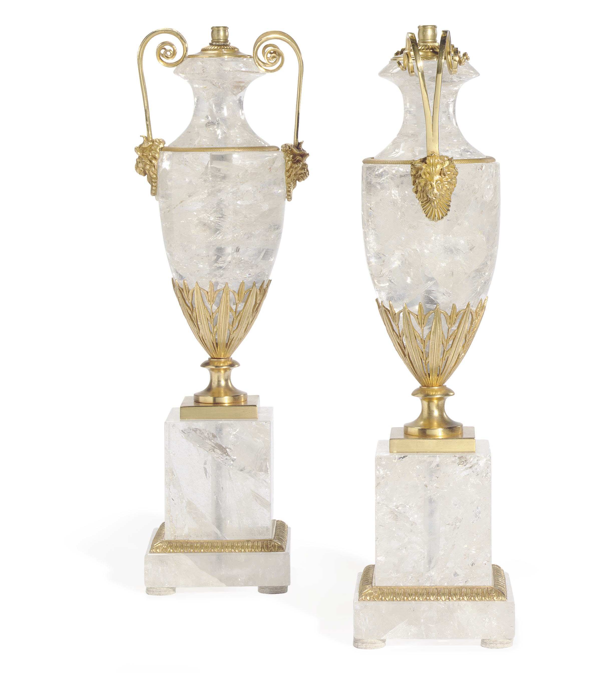 A PAIR OF ORMOLU AND ROCK CRYSTAL URN-FORM LAMPS