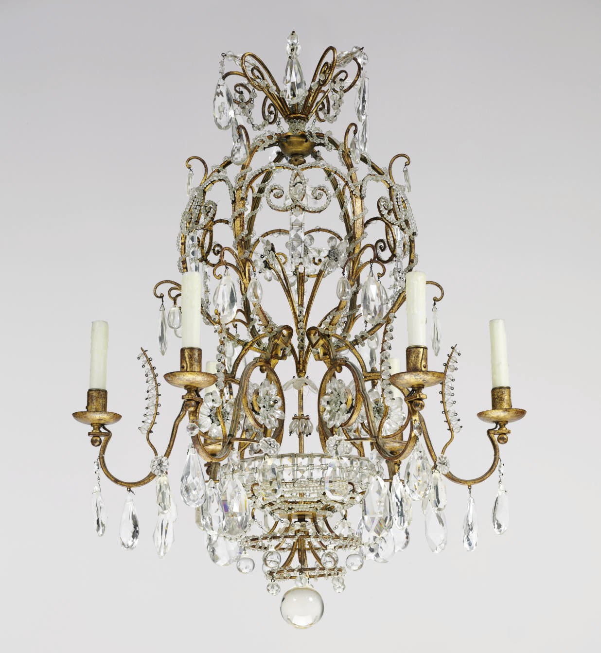 A FRENCH GILT-METAL AND CUT-GLASS SIX-LIGHT CHANDELIER
