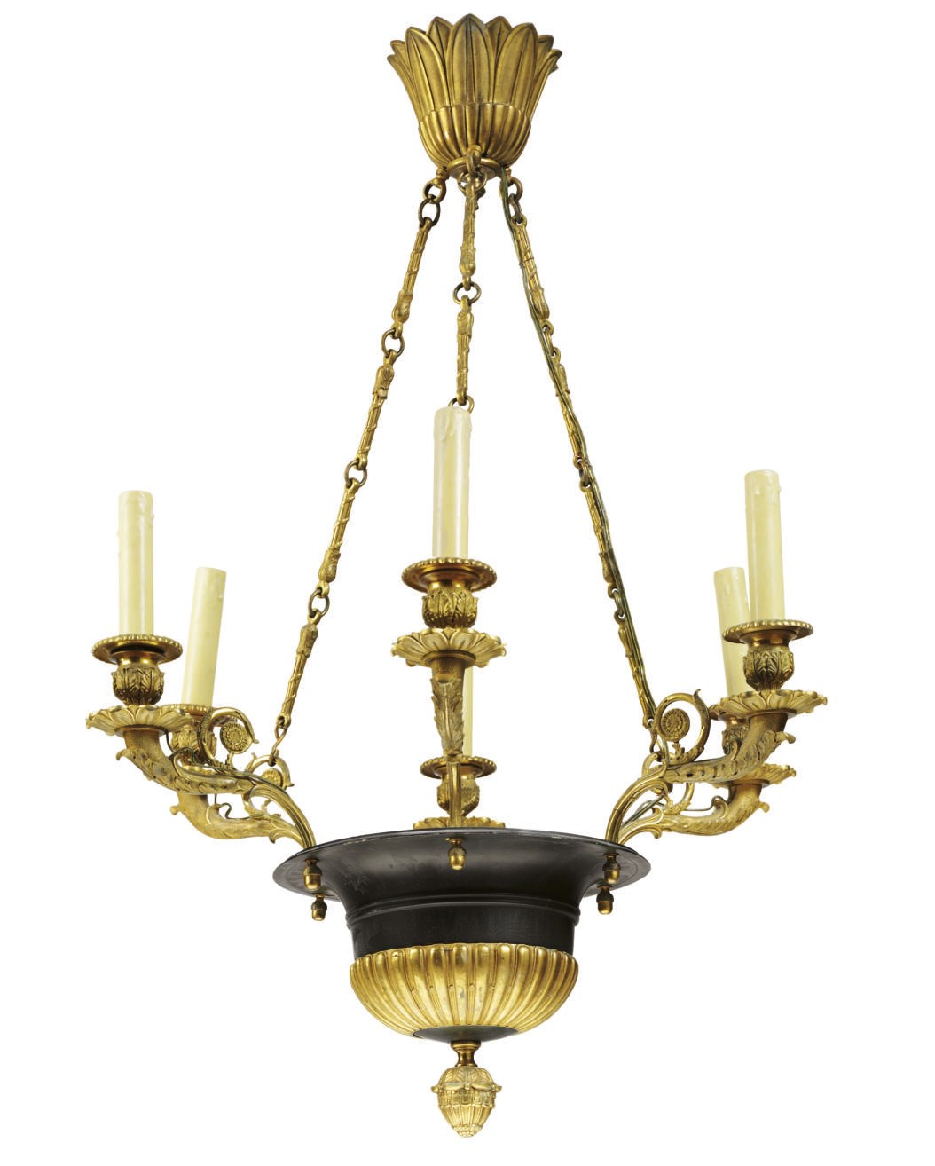 A RESTAURATION PATINATED AND GILT-BRONZE SIX-LIGHT CHANDELIER
