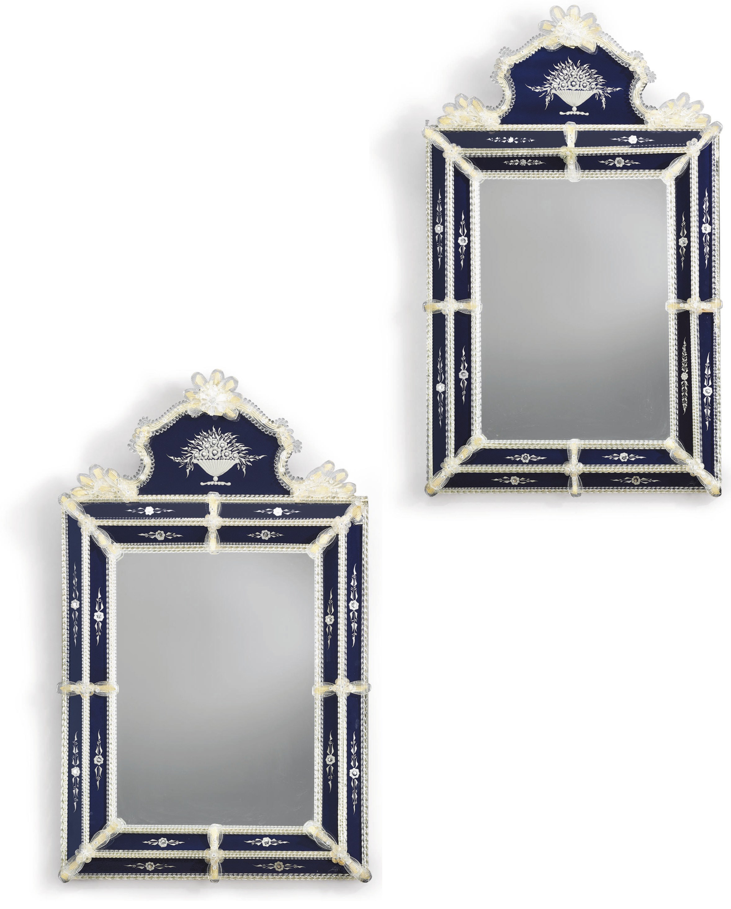 A PAIR OF COBALT BLUE, CLEAR AND ETCHED GLASS MIRRORS