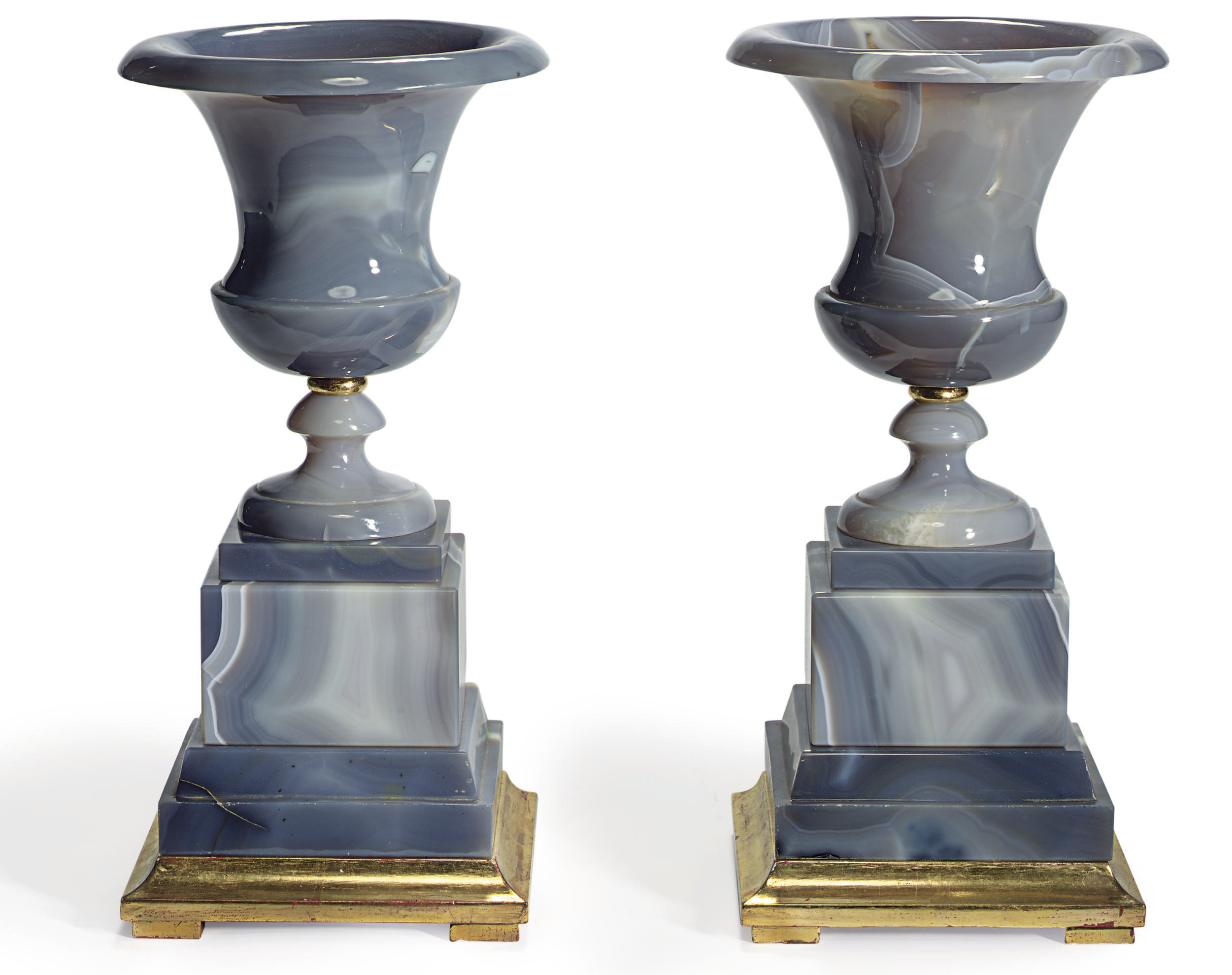 A PAIR OF AGATE AND PARCEL-GILT VASES