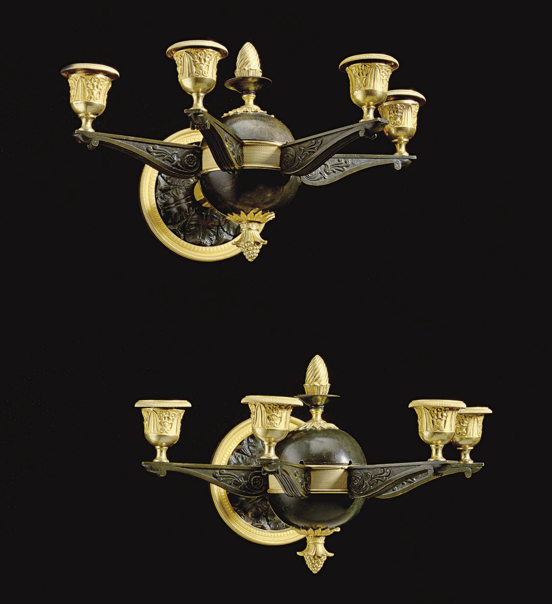 A PAIR OF RESTAURATION ORMOLU AND PATINATED BRONZE FOUR-BRANCH WALL-LIGHTS
