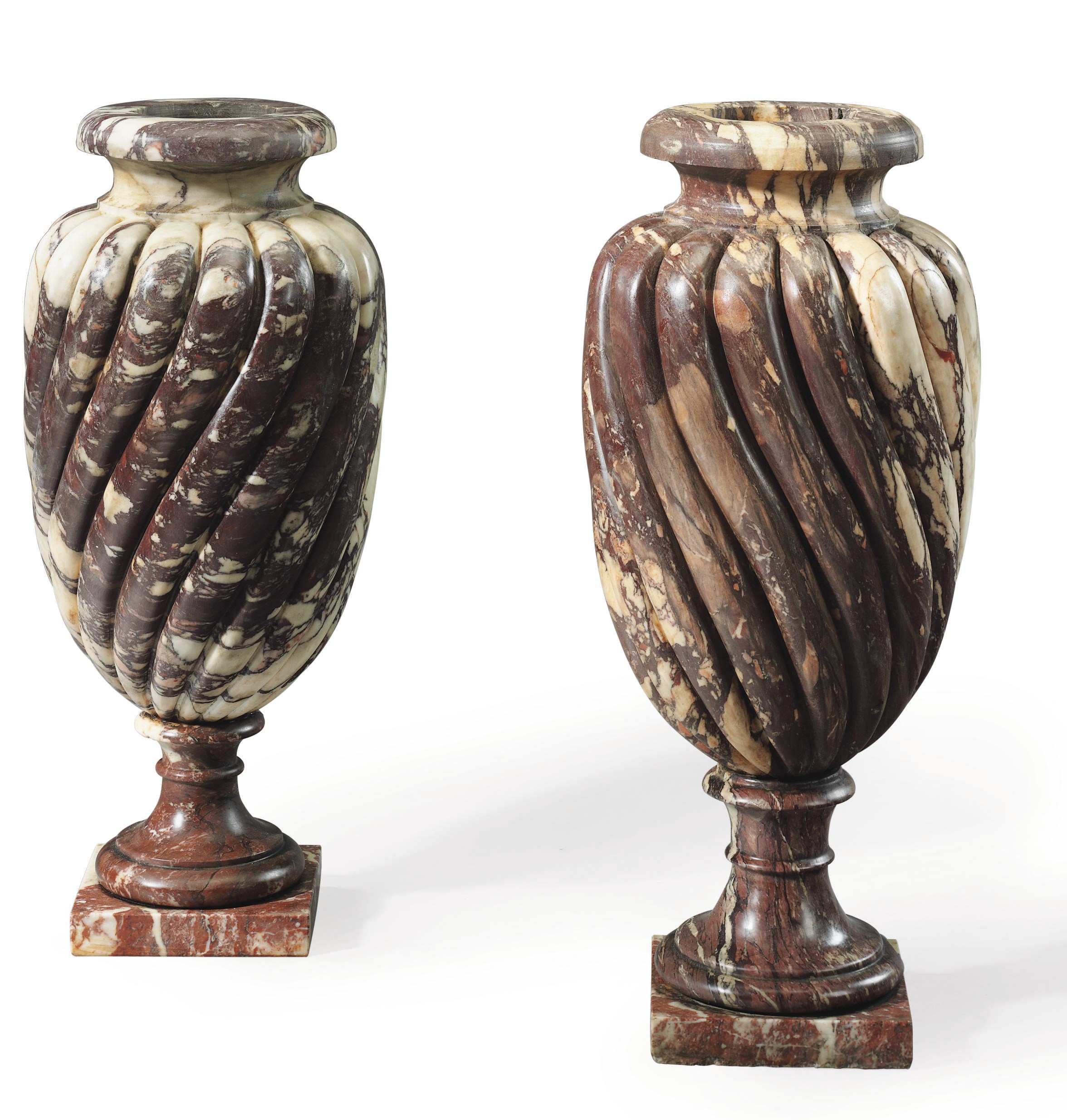 A PAIR OF PAVONAZZETTO MARBLE VASES
