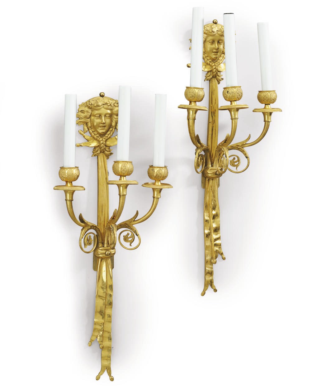 A PAIR OF LATE LOUIS XVI ORMOLU THREE-BRANCH WALL LIGHTS