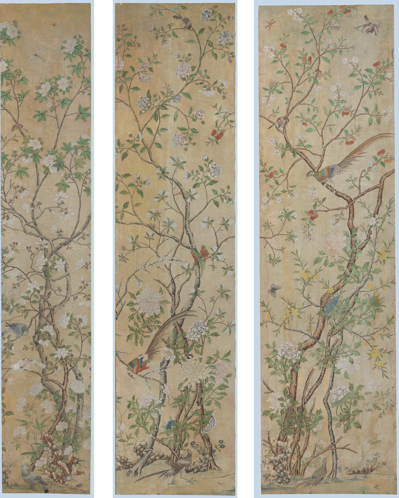 A SET OF TWELVE CHINESE-EXPORT POLYCHROME-PAINTED WALLPAPER PANELS