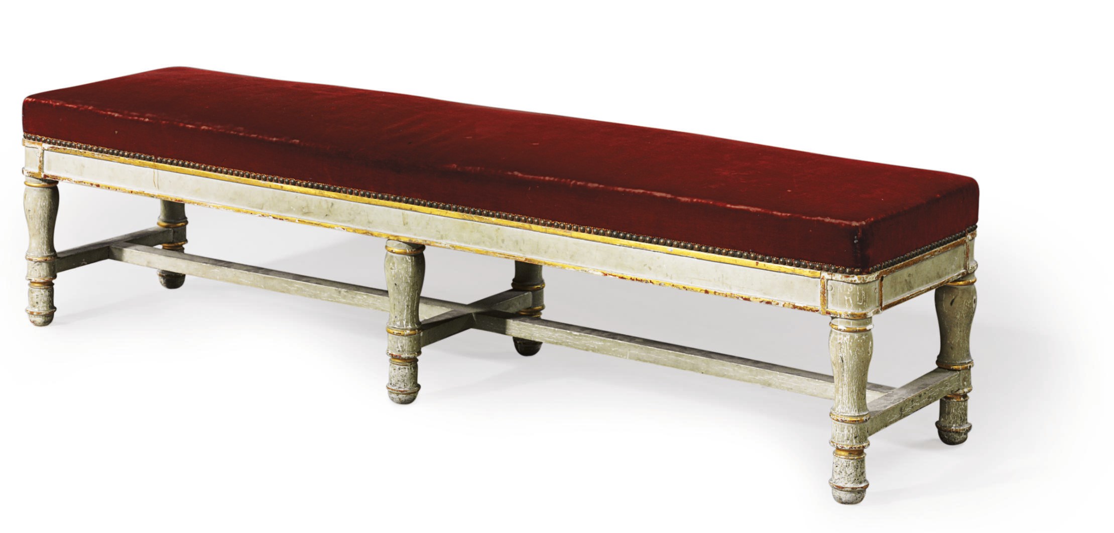 A RESTAURATION GREY-PAINTED AND PARCEL-GILT BANQUETTE