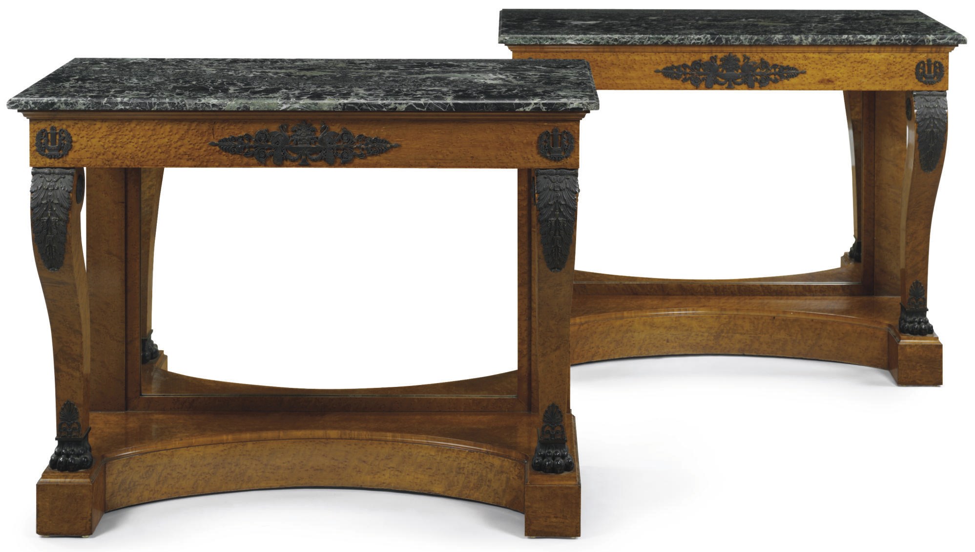 A PAIR OF RESTAURATION BRONZE-MOUNTED BIRD'S EYE MAPLE CONSOLES