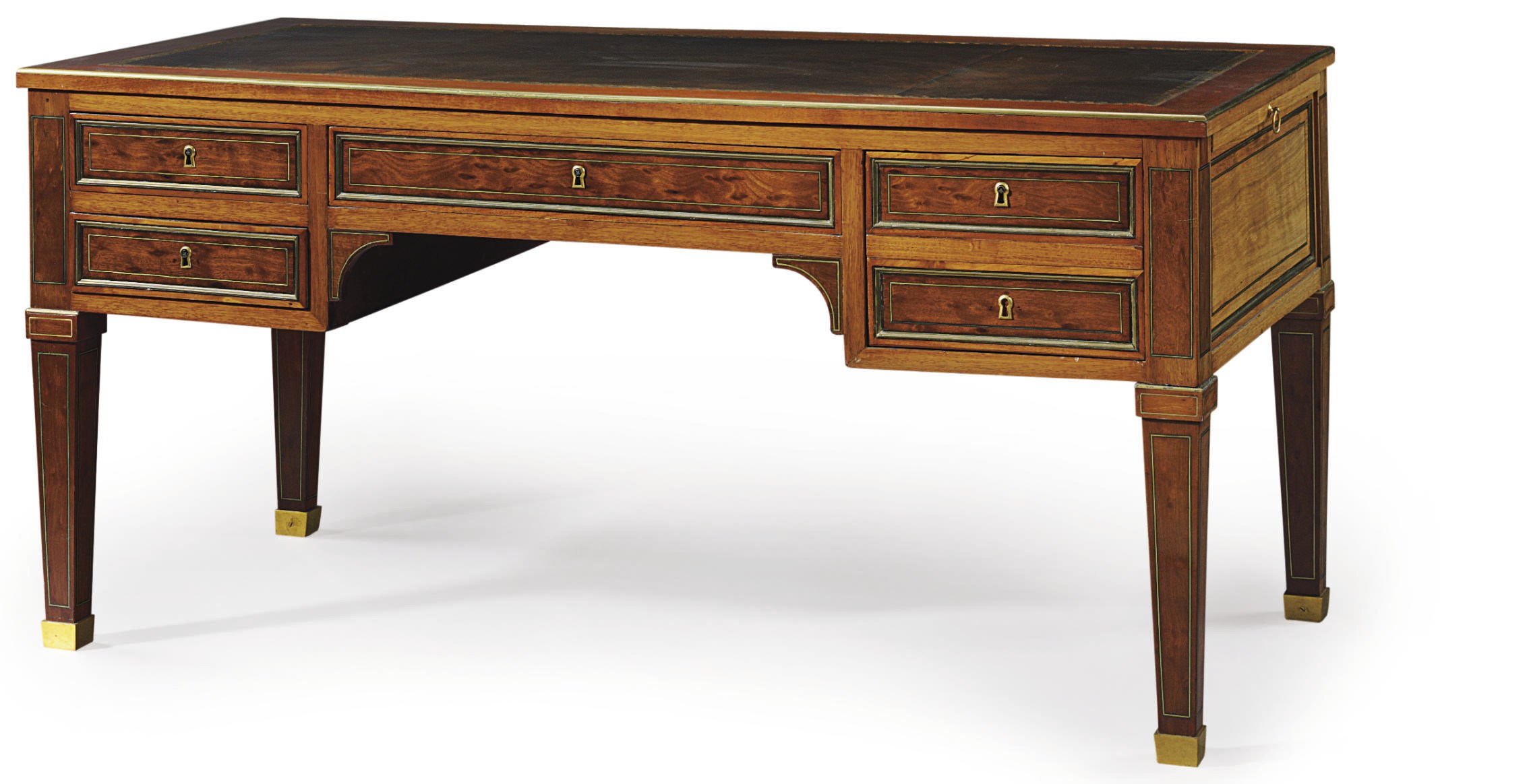 A LOUIS XVI BRASS-MOUNTED MAHOGANY AND ACAJOU MOUCHETE BUREAU PLAT
