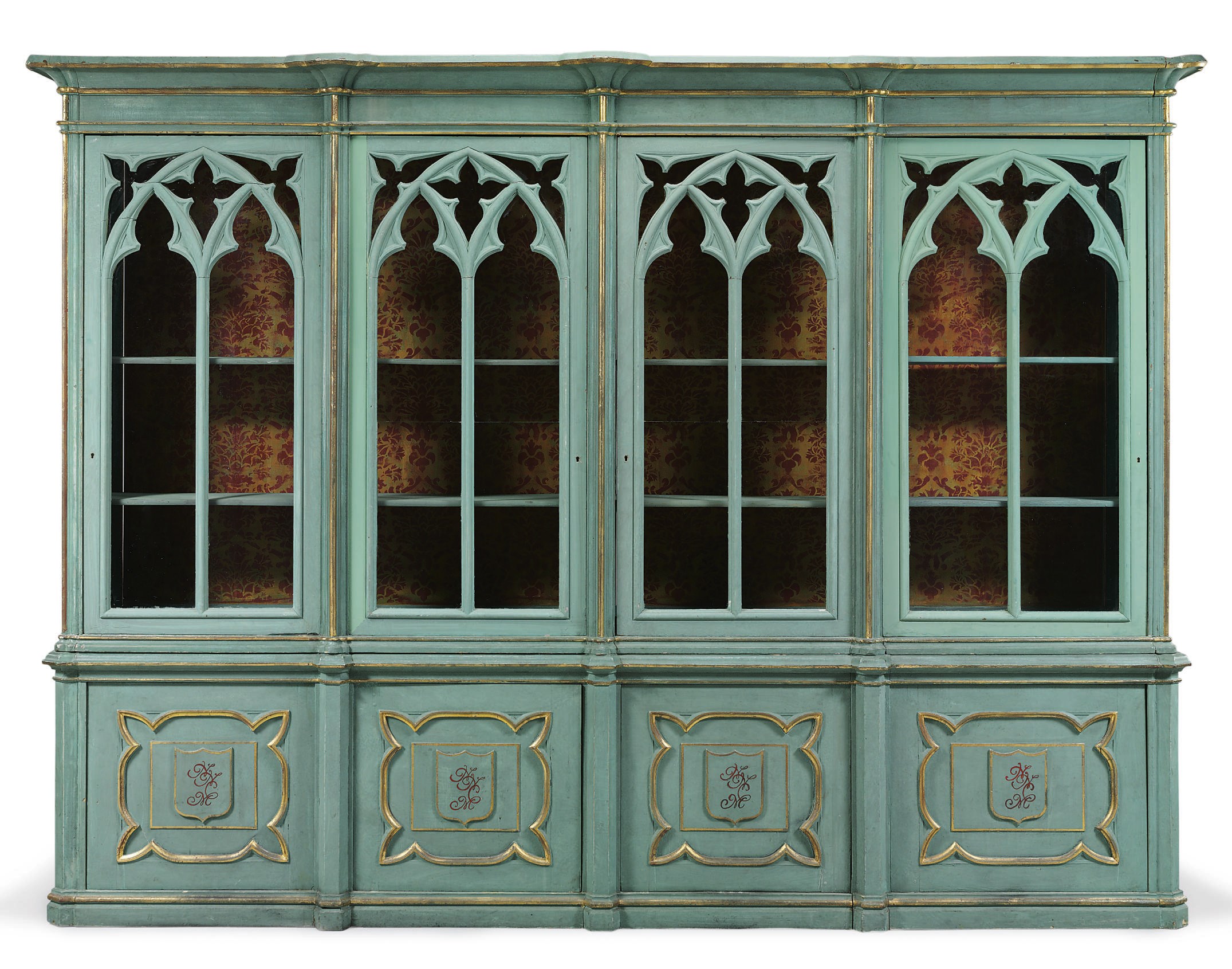A NEO-GOTHIC STYLE BLUE-GREEN-PAINTED AND PARCEL-GILT BOOKCASE