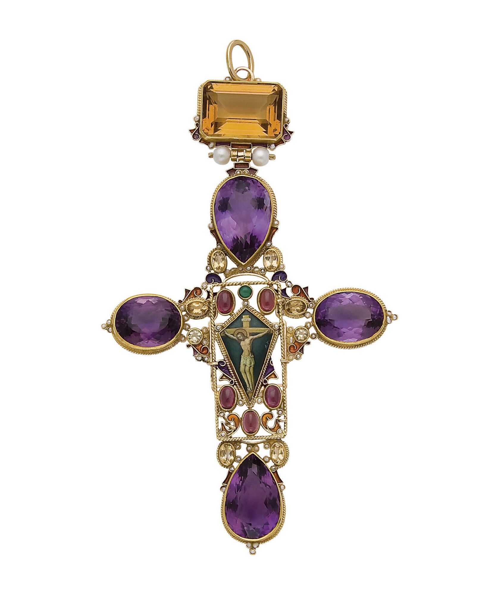PENDENTIF CROIX EMAIL, AMETHYSTE ET CITRINE, PAR DIEGO PERCOSSI PAPI