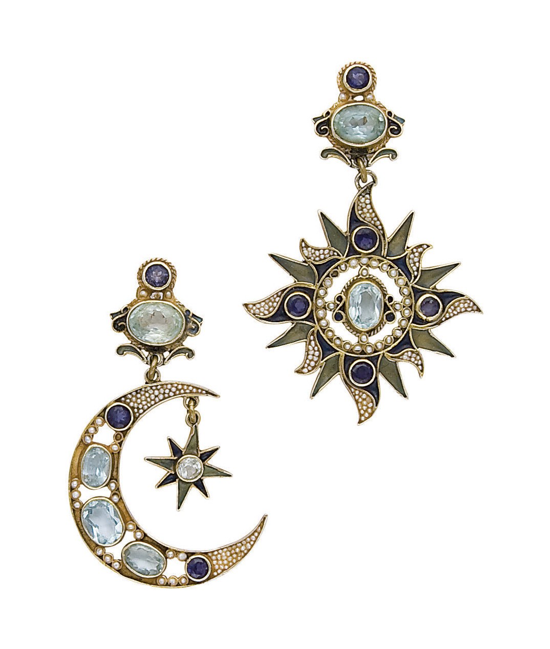 PAIRE DE PENDANTS D'OREILLES AIGUES-MARINES, IOLITES, EMAIL ET SEMENCES DE PERLES, PAR DIEGO PERCOSSI PAPI