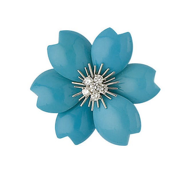 CLIP "ROSE DE NOEL" TURQUOISES ET DIAMANTS, PAR VAN CLEEF & ARPELS