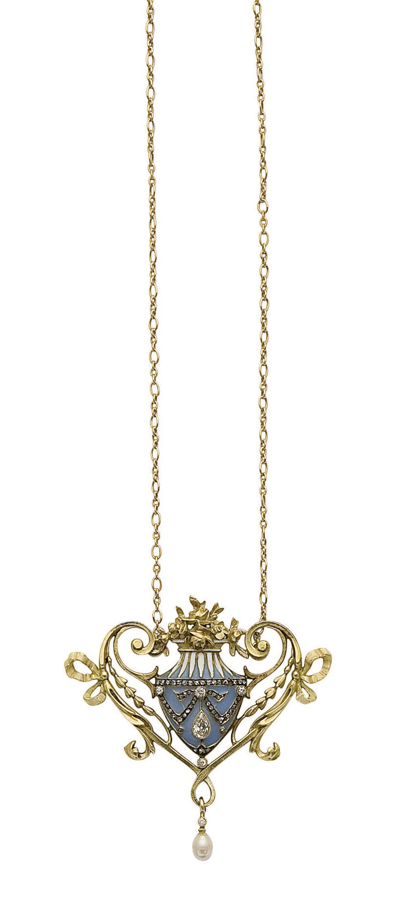 PENDENTIF ART NOUVEAU EMAIL, PERLE ET DIAMANTS, PAR LUCIEN GAUTRAIT