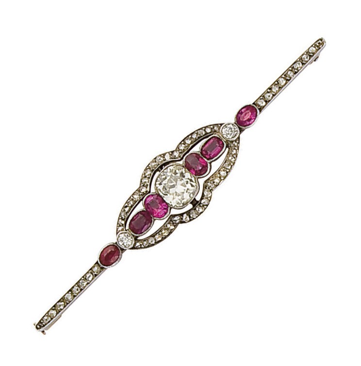 BROCHE BARRETTE RUBIS SYNTHETIQUES ET DIAMANTS