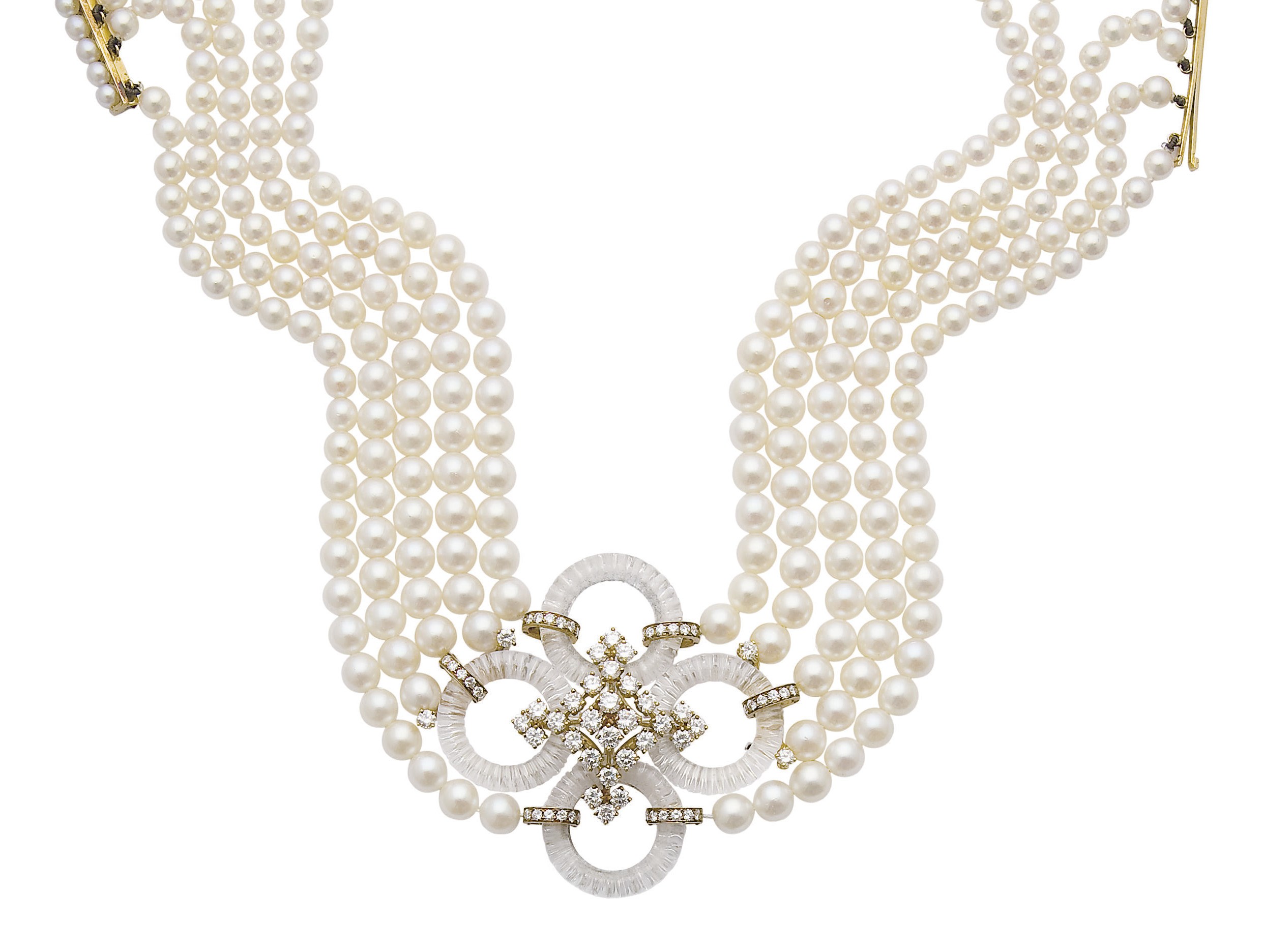 COLLIER PERLES DE CULTURE, CRISTAL DE ROCHE ET DIAMANTS, PAR GERARD