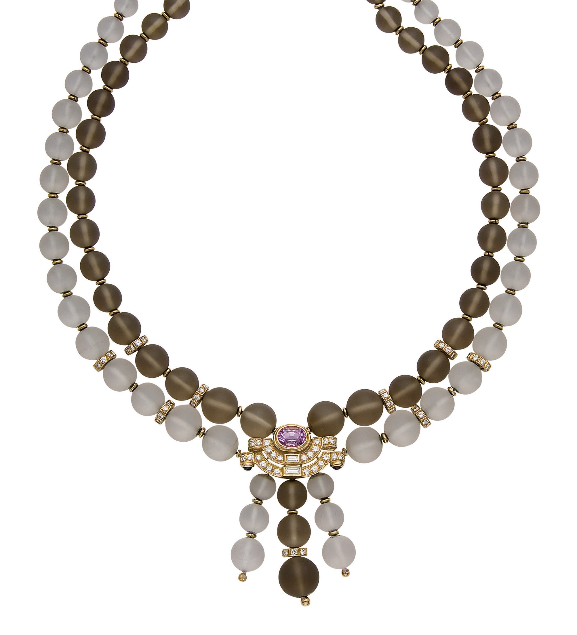 COLLIER CRISTAL DE ROCHE, QUARTZ FUME, SAPHIR ROSE ET DIAMANTS, PAR BOUCHERON