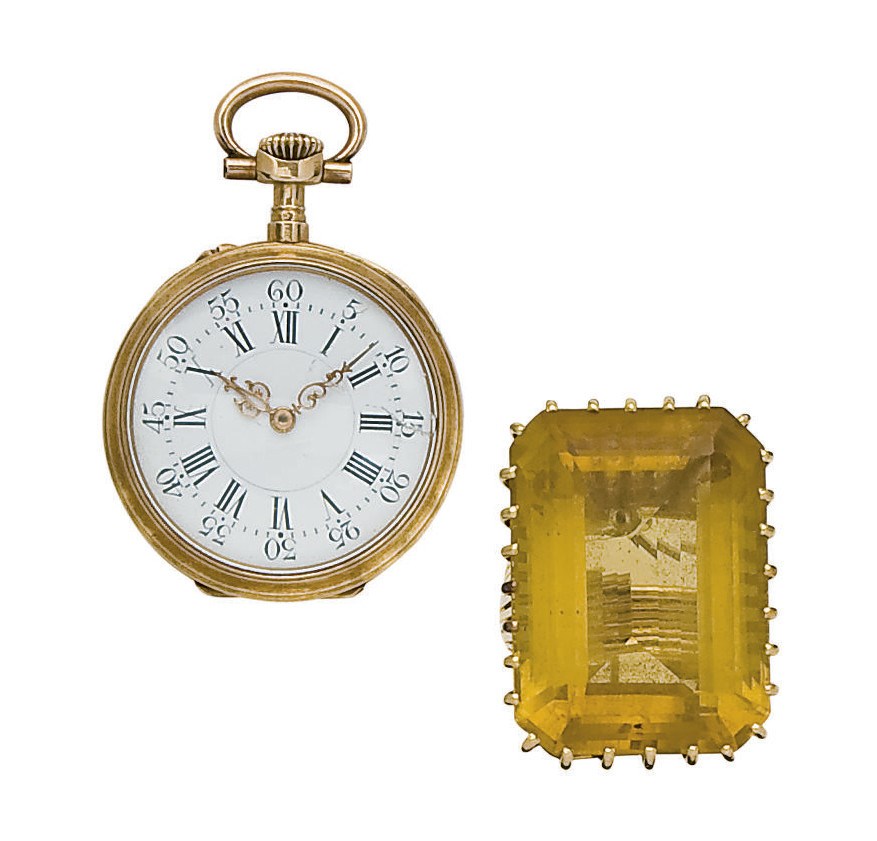 BAGUE CITRINE, MONTRE DE POCHE EN OR ET SAC DU SOIR EN ARGENT
