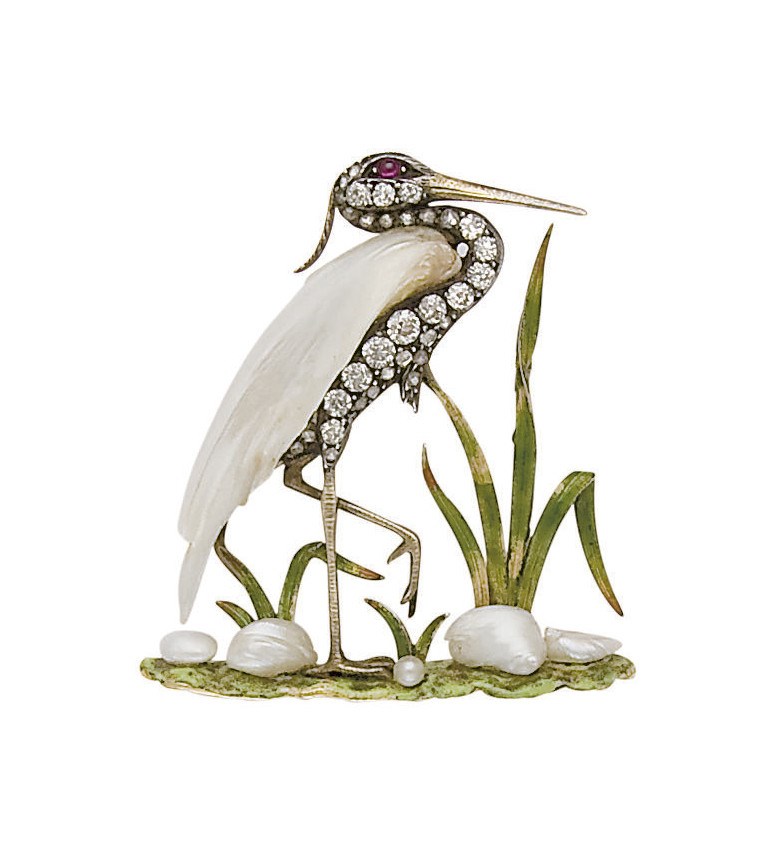 BROCHE ART NOUVEAU PERLES, EMAIL, RUBIS ET DIAMANTS