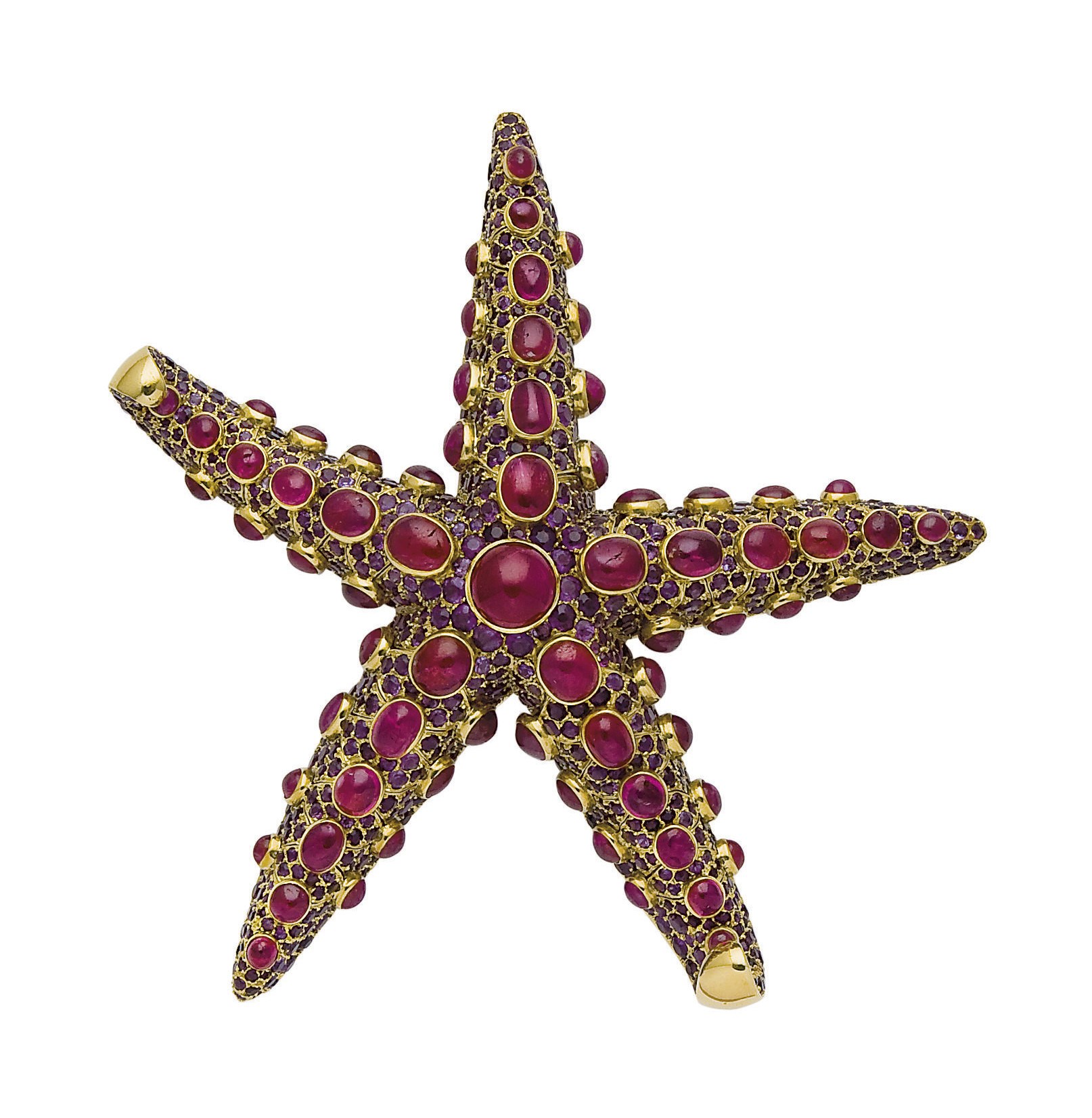BROCHE "ETOILE DE MER" RUBIS ET AMETHYSTES, PAR RENE BOIVIN