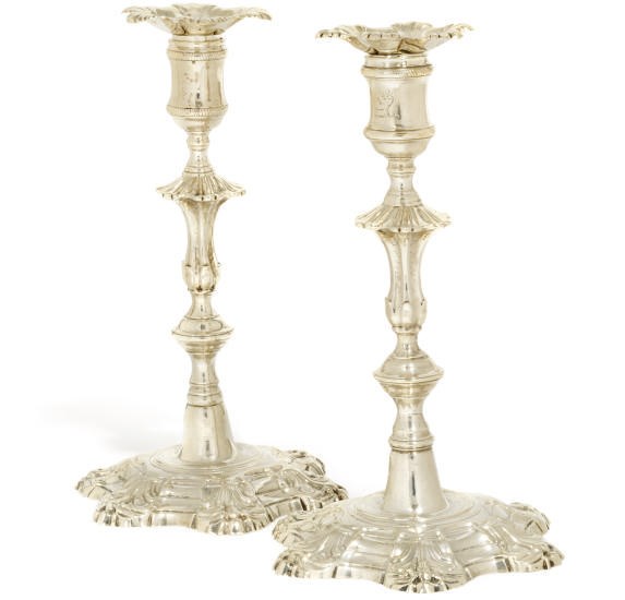 A MATCHED PAIR OF GEORGE II SILVER CANDLESTICKS