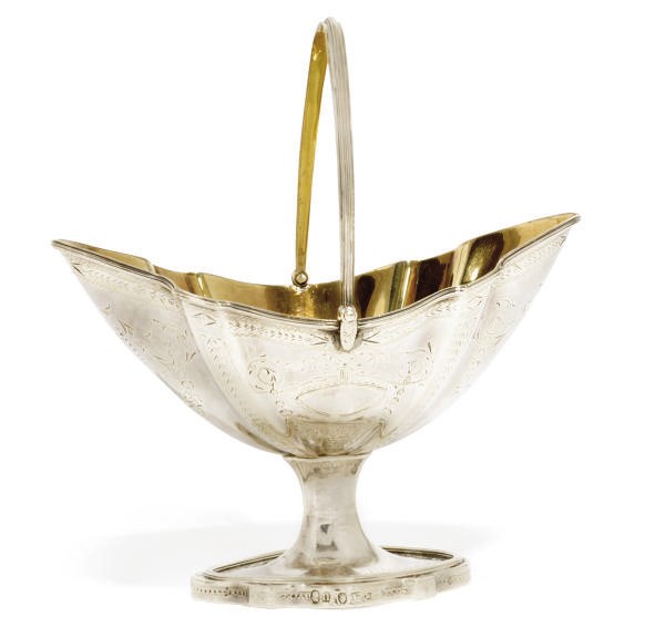 A GEORGE III SILVER SWING-HANDLED SUGAR BASKET