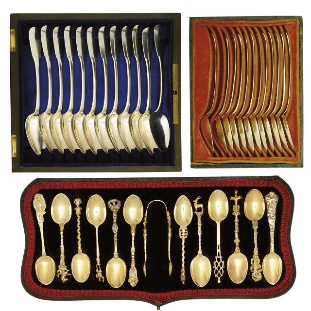 A SET OF TWELVE VICTORIAN PARCEL-GILT SILVER FANCY COFFEE SPOONS AND A PAIR OF TONGS