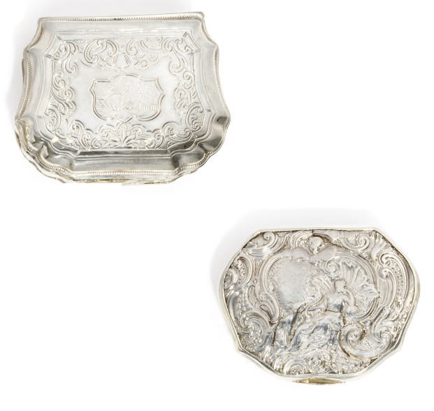 A GERMAN SILVER SNUFF BOX OF CARTOUCHE FORM